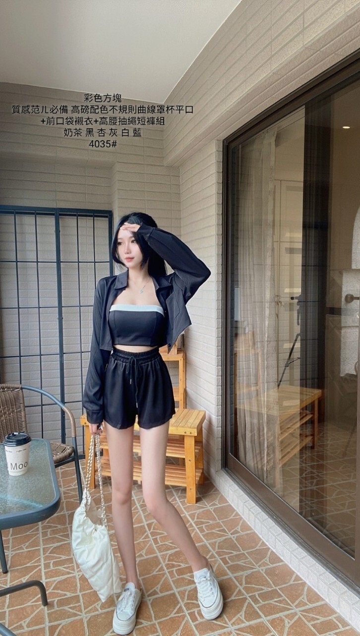 4035質感范儿必備 高磅配色不規則曲線罩杯平口+前口袋襯衣+高腰抽繩短褲組 (6)