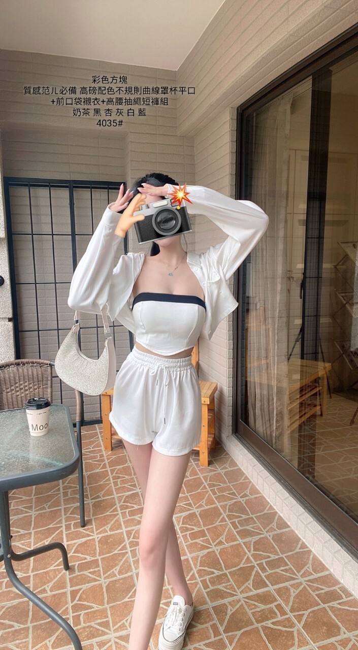4035質感范儿必備 高磅配色不規則曲線罩杯平口+前口袋襯衣+高腰抽繩短褲組 (5)