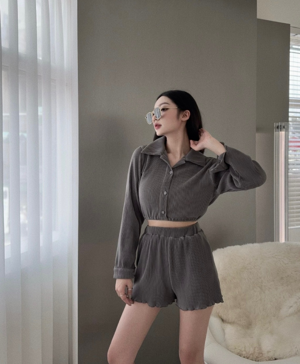 10025391『訂製款』微光澤褶皺氣質套裝 (2)