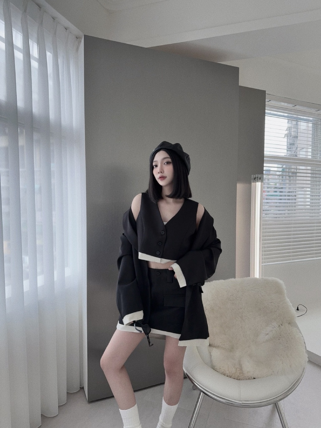 10022733『選品』韓版拼接西裝三件套 (4)