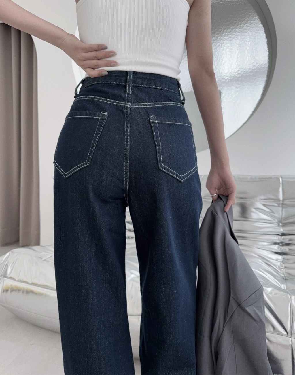 10028839『選品』復古作舊假兩件拼接牛仔寬褲 (4)