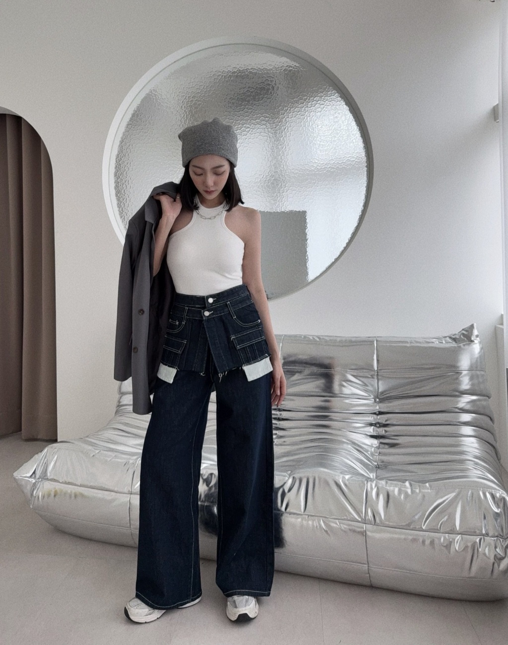 10028839『選品』復古作舊假兩件拼接牛仔寬褲 (3)