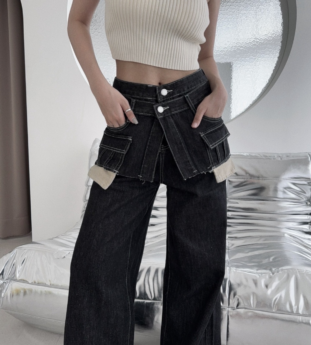 10028839『選品』復古作舊假兩件拼接牛仔寬褲