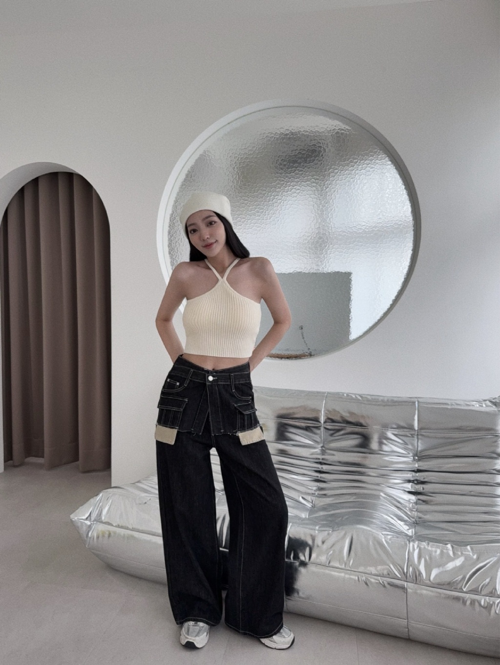 10028839『選品』復古作舊假兩件拼接牛仔寬褲 (2)