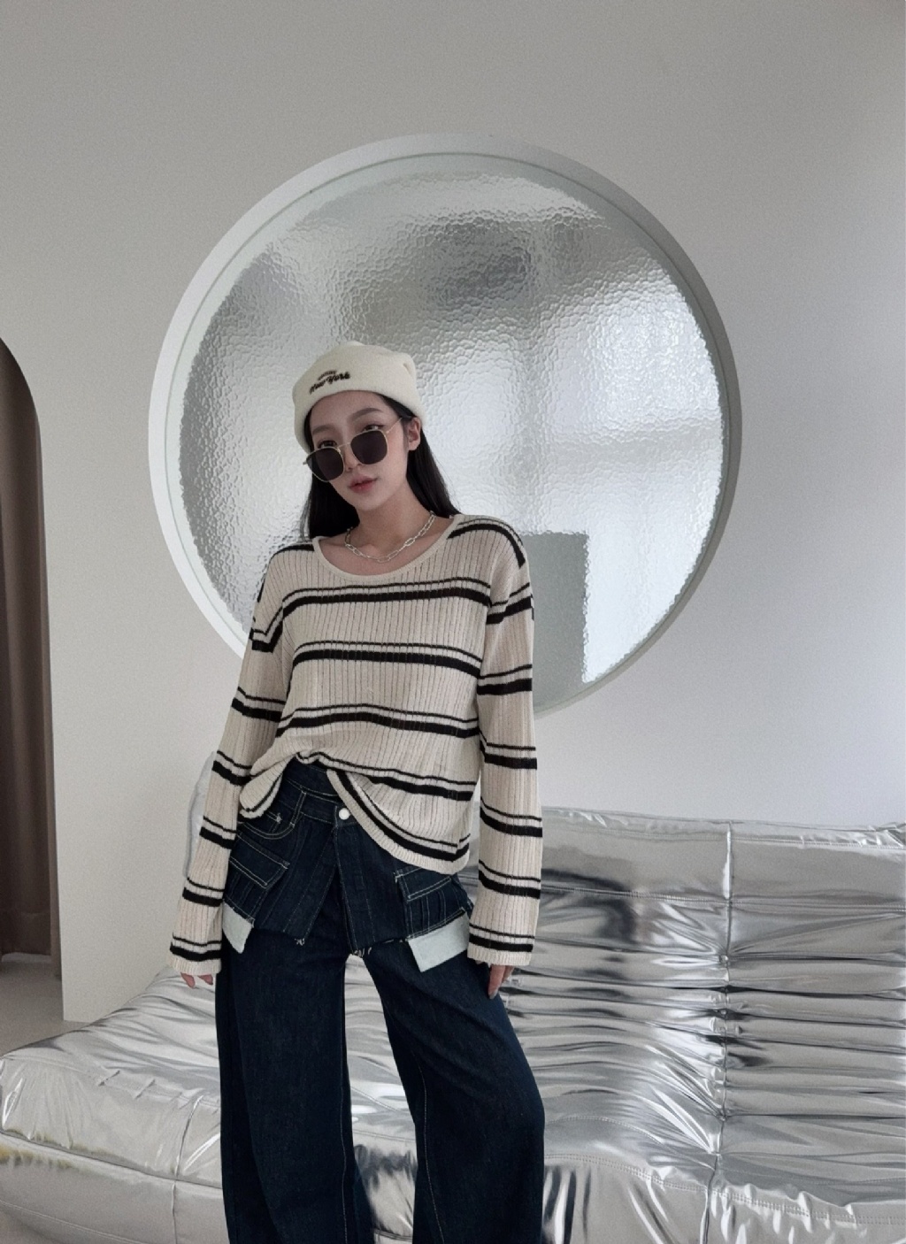 10021249『選品』條紋後排釦開衩針織衫 (3)