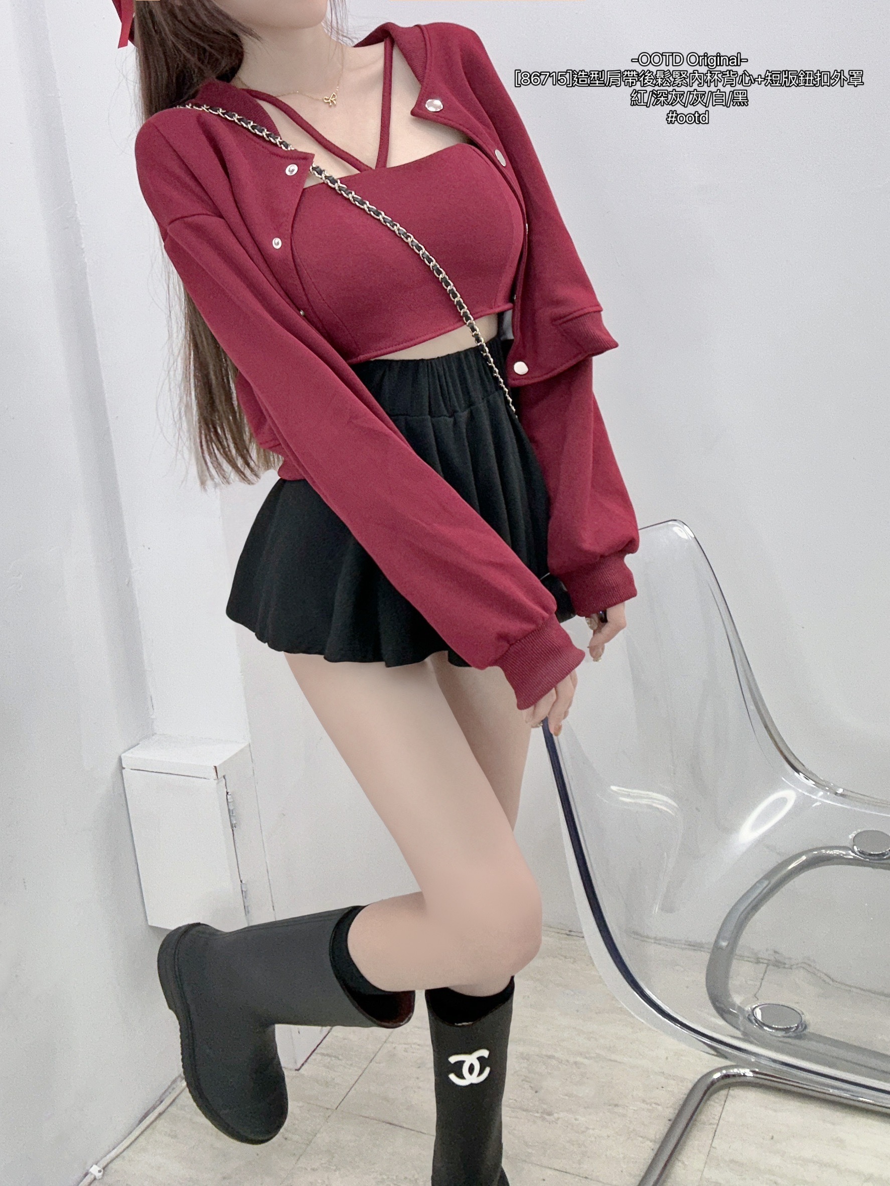 [86715]造型肩帶後鬆緊內杯背心+短版鈕扣外罩 (11)