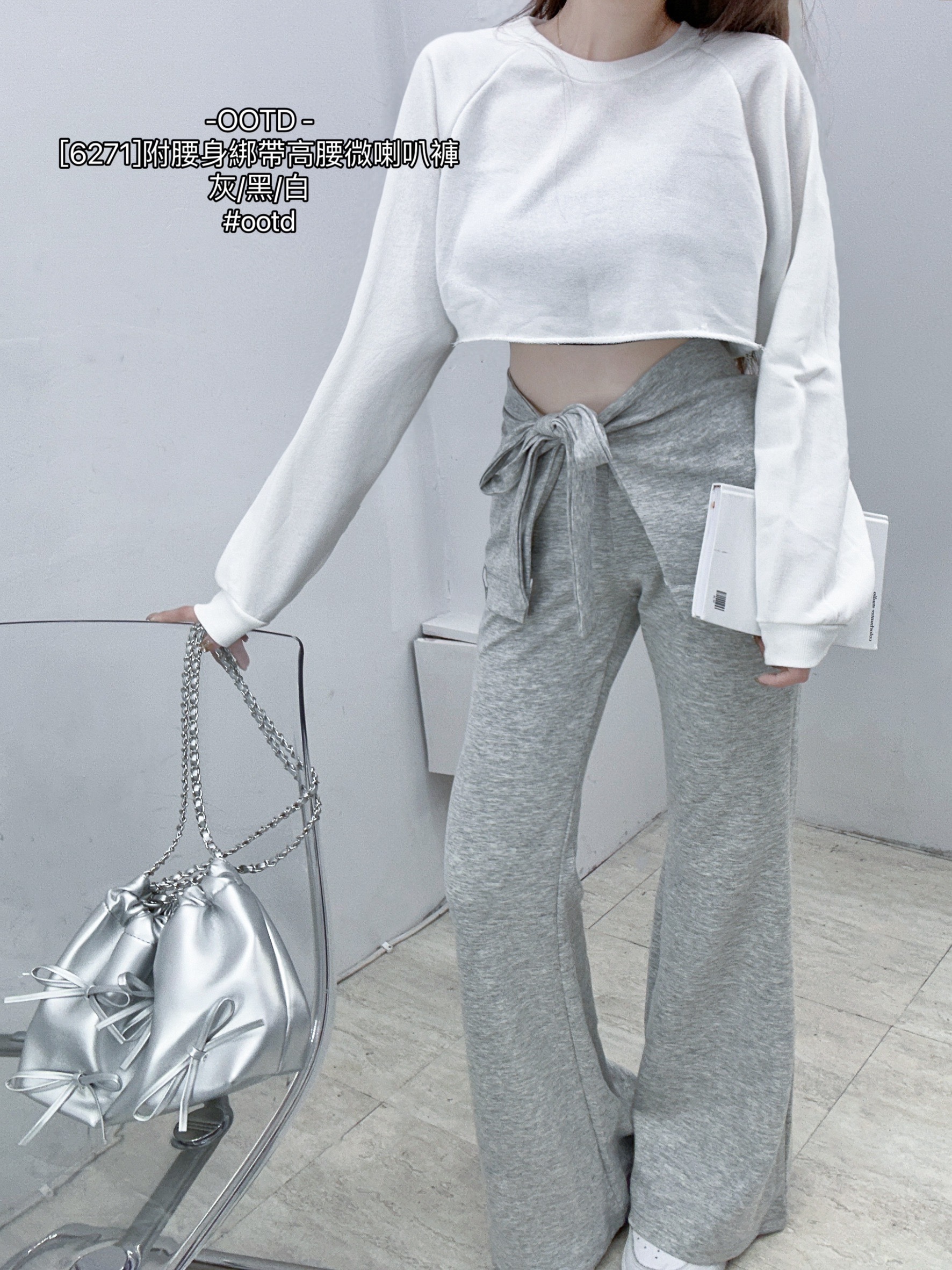 [6271]附腰身綁帶高腰微喇叭褲 (4)