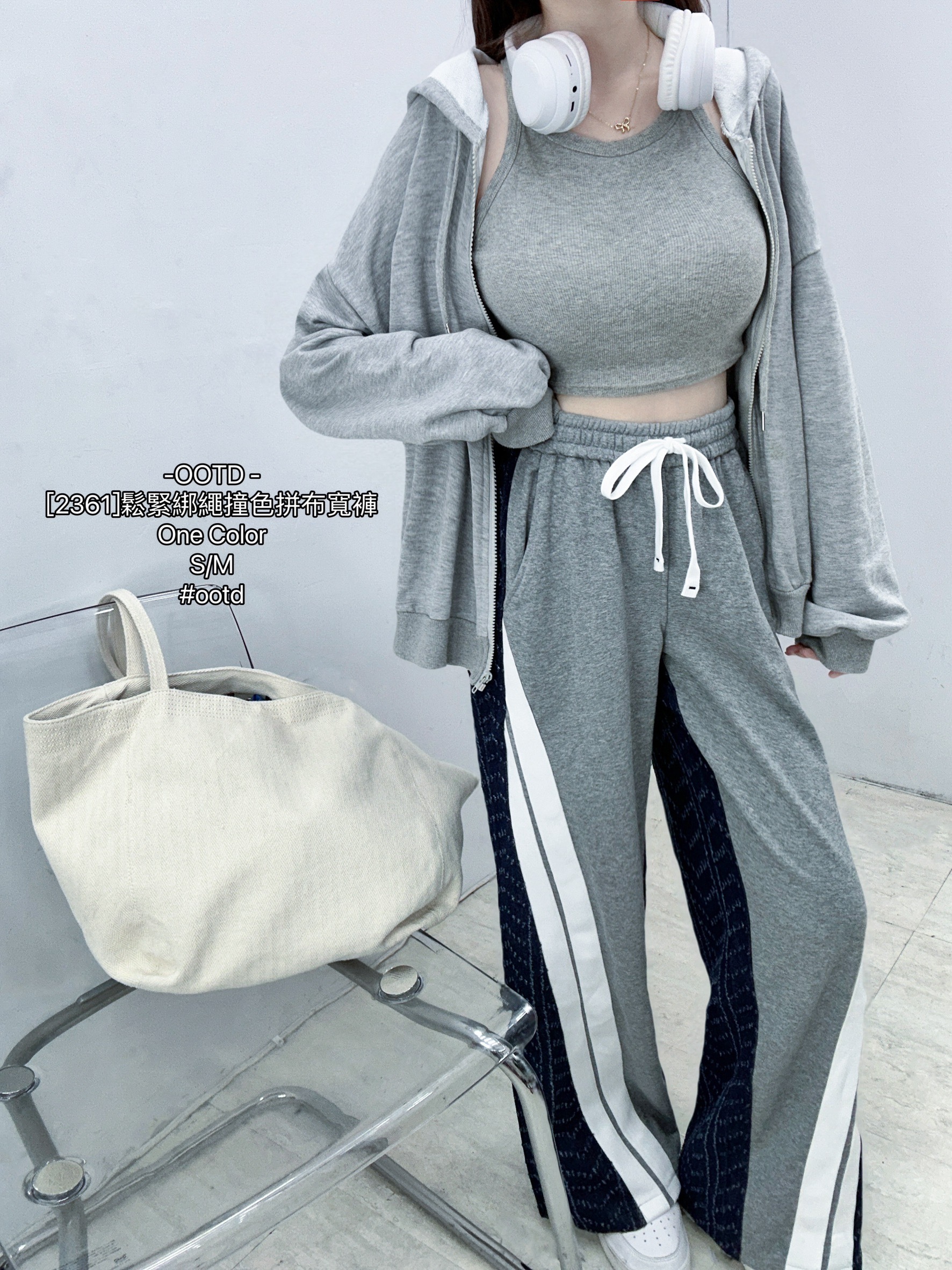 [2361]鬆緊綁繩撞色拼布寬褲 (2)