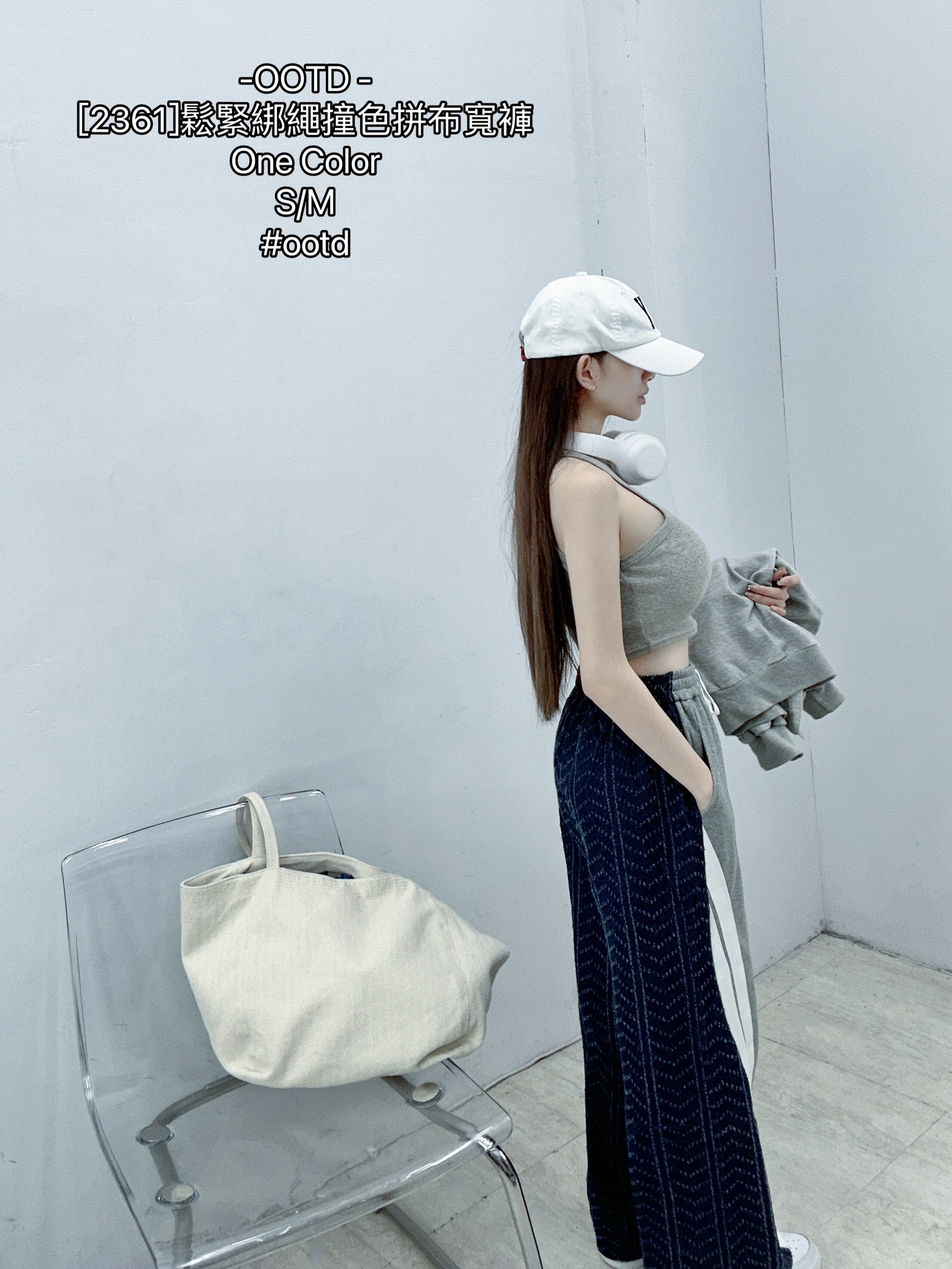 [2361]鬆緊綁繩撞色拼布寬褲 (4)