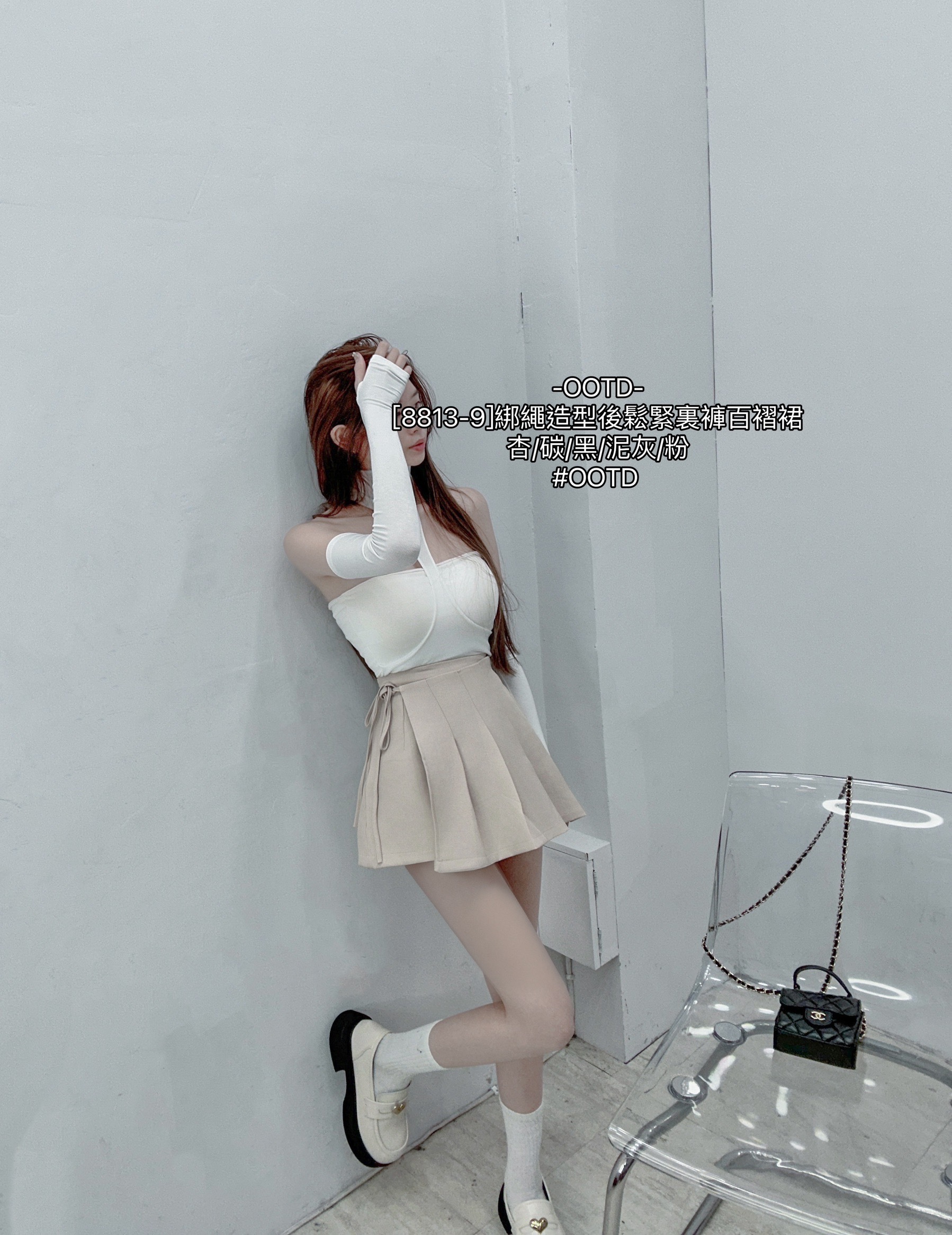 [8813-9]綁繩造型後鬆緊裏褲百褶裙 (2)