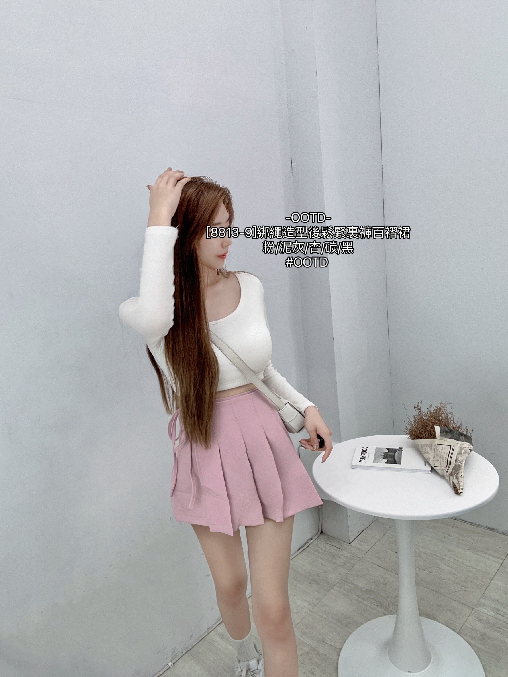 [8813-9]綁繩造型後鬆緊裏褲百褶裙 (3)