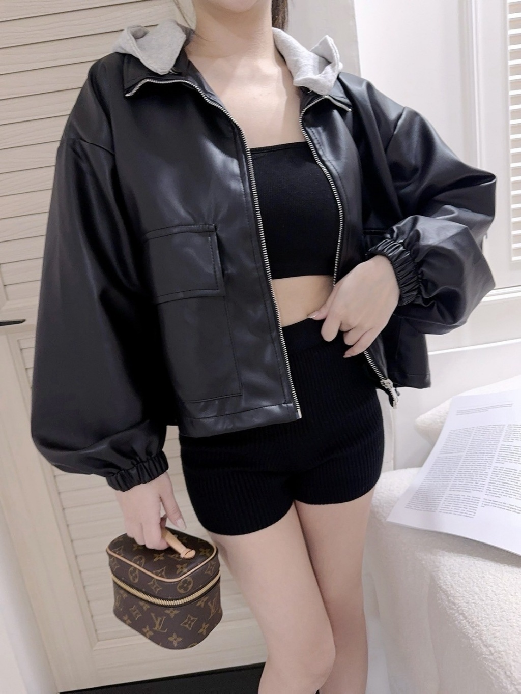 7237訂製款-棉質拼接帽子縮腰皮革外 (9)