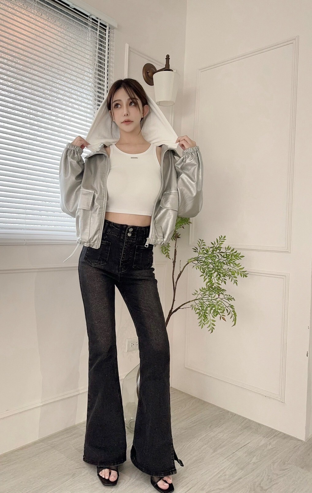 7237訂製款-棉質拼接帽子縮腰皮革外 (4)