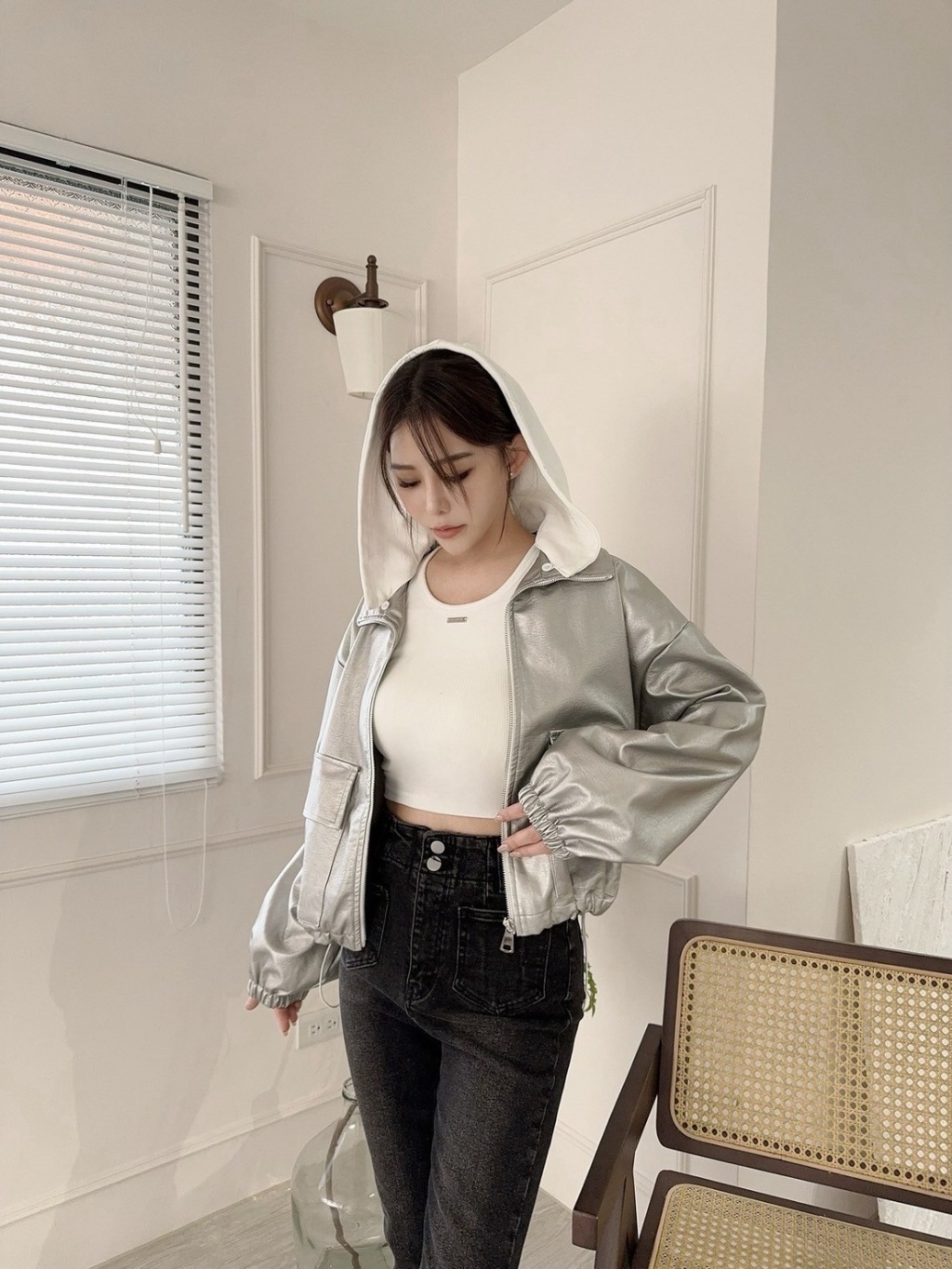 7237訂製款-棉質拼接帽子縮腰皮革外