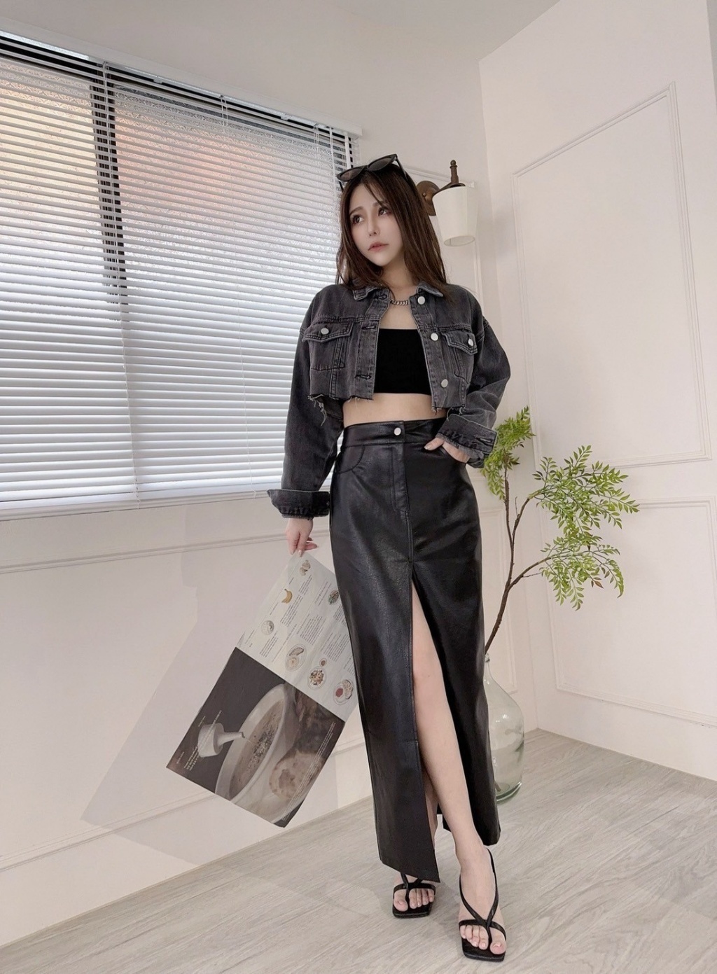 7255 訂製款-性感前開衩皮革長裙 (2)