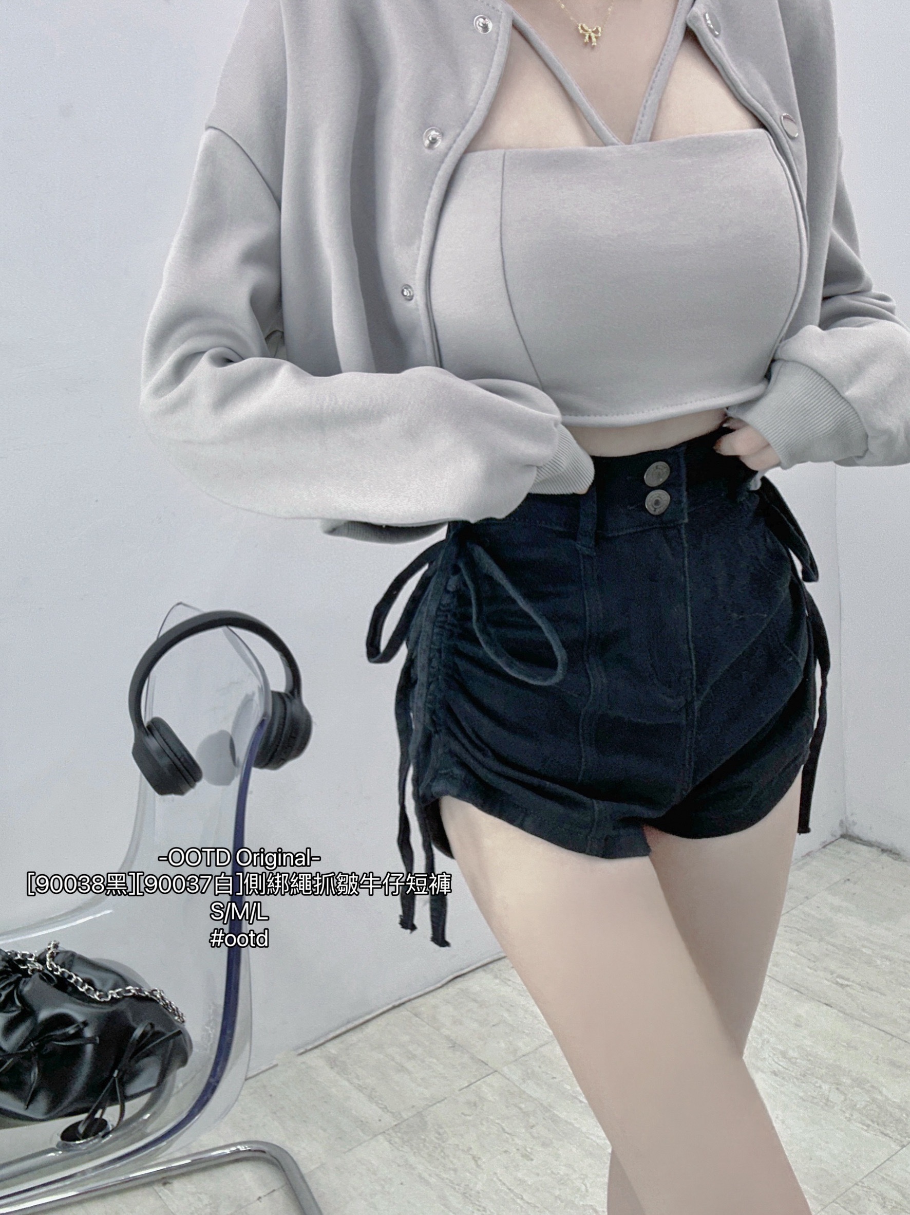 90038黑]側綁繩抓皺牛仔短褲 (2)