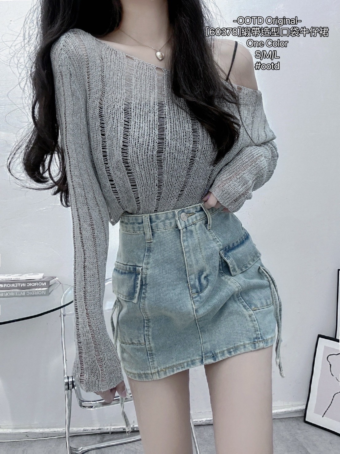 [60378]緞帶造型口袋牛仔裙 (4)