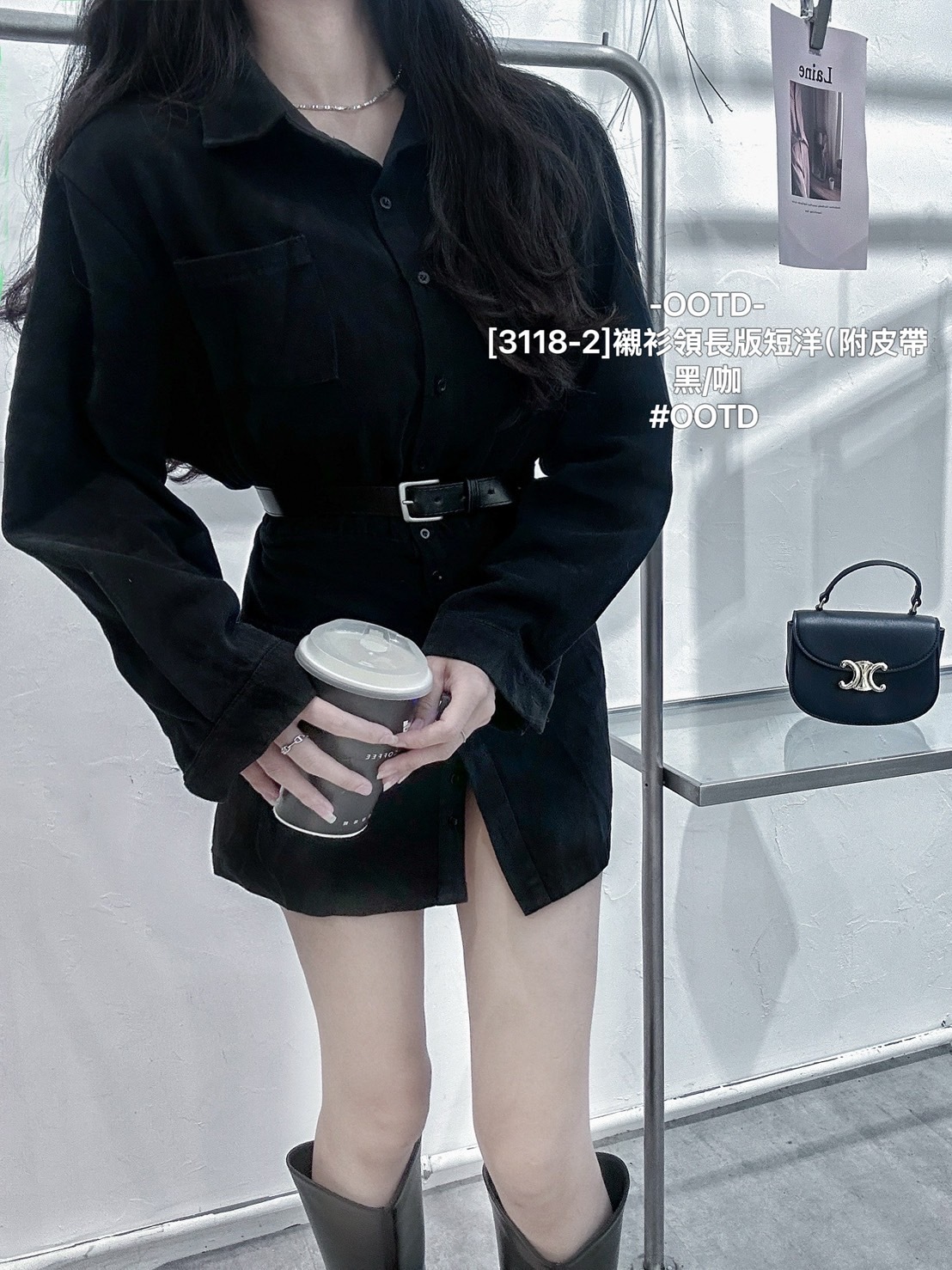 [3118-2]襯衫領長版短洋（附皮帶 (6)