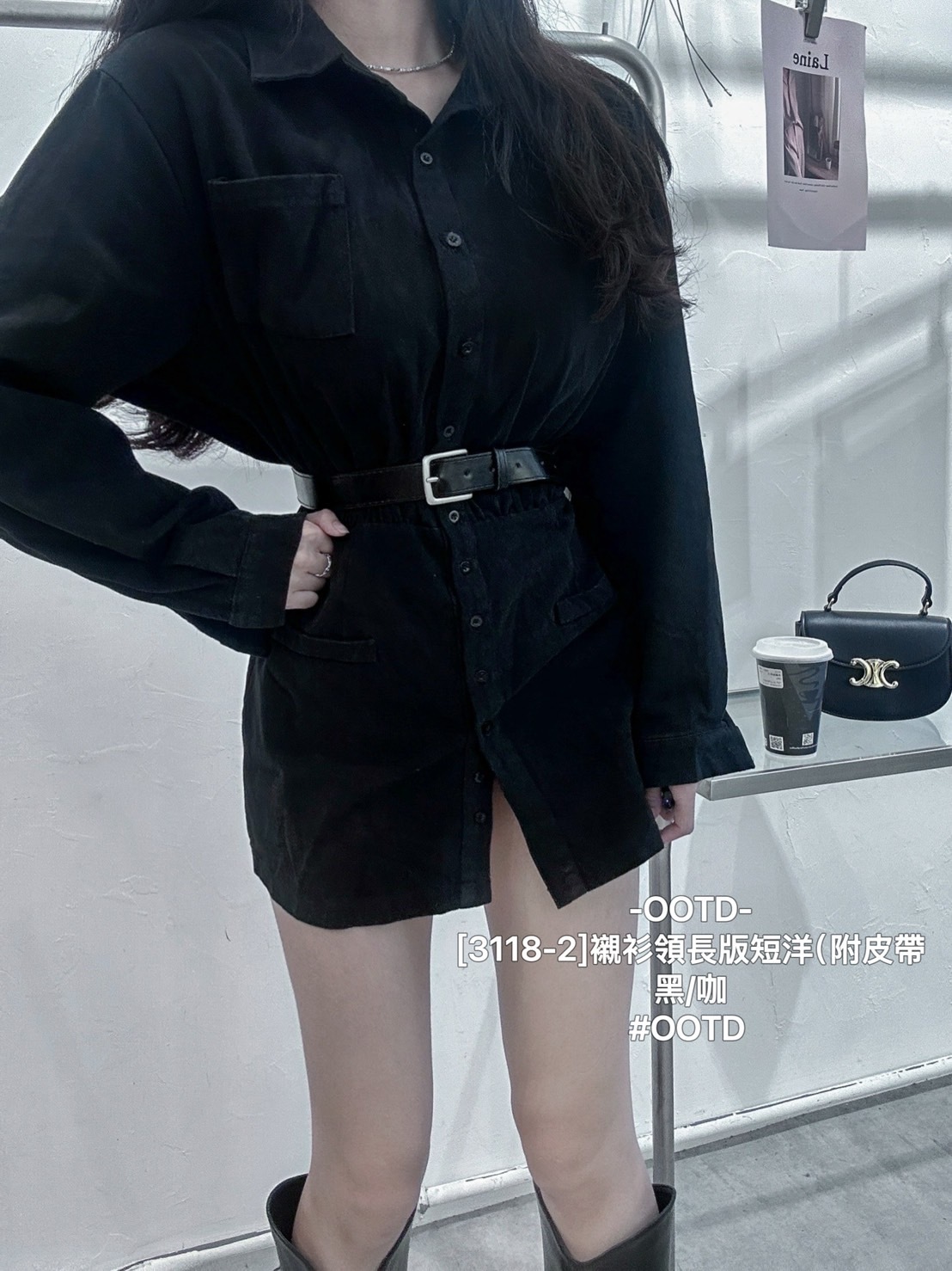[3118-2]襯衫領長版短洋（附皮帶 (7)