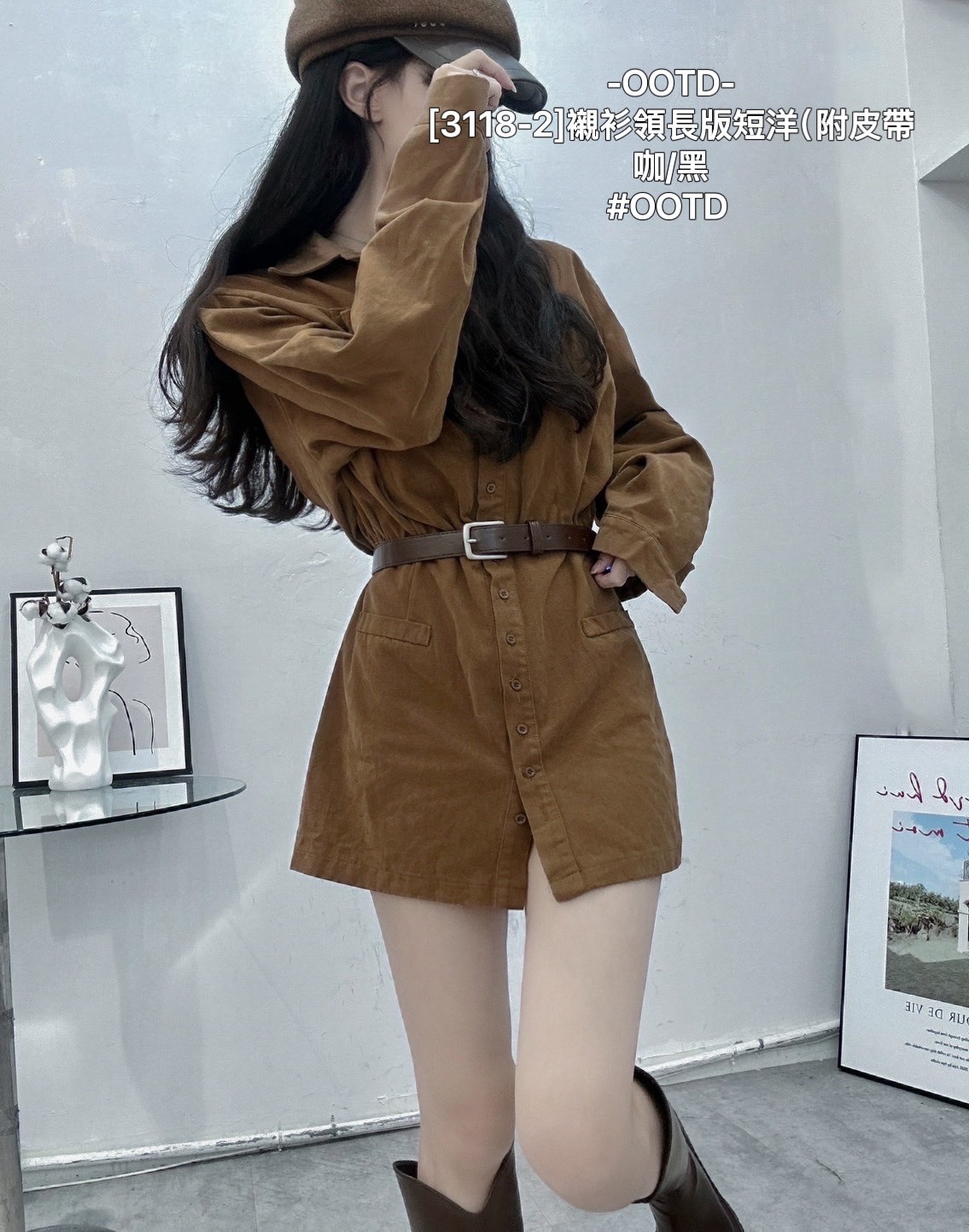 [3118-2]襯衫領長版短洋（附皮帶 (3)