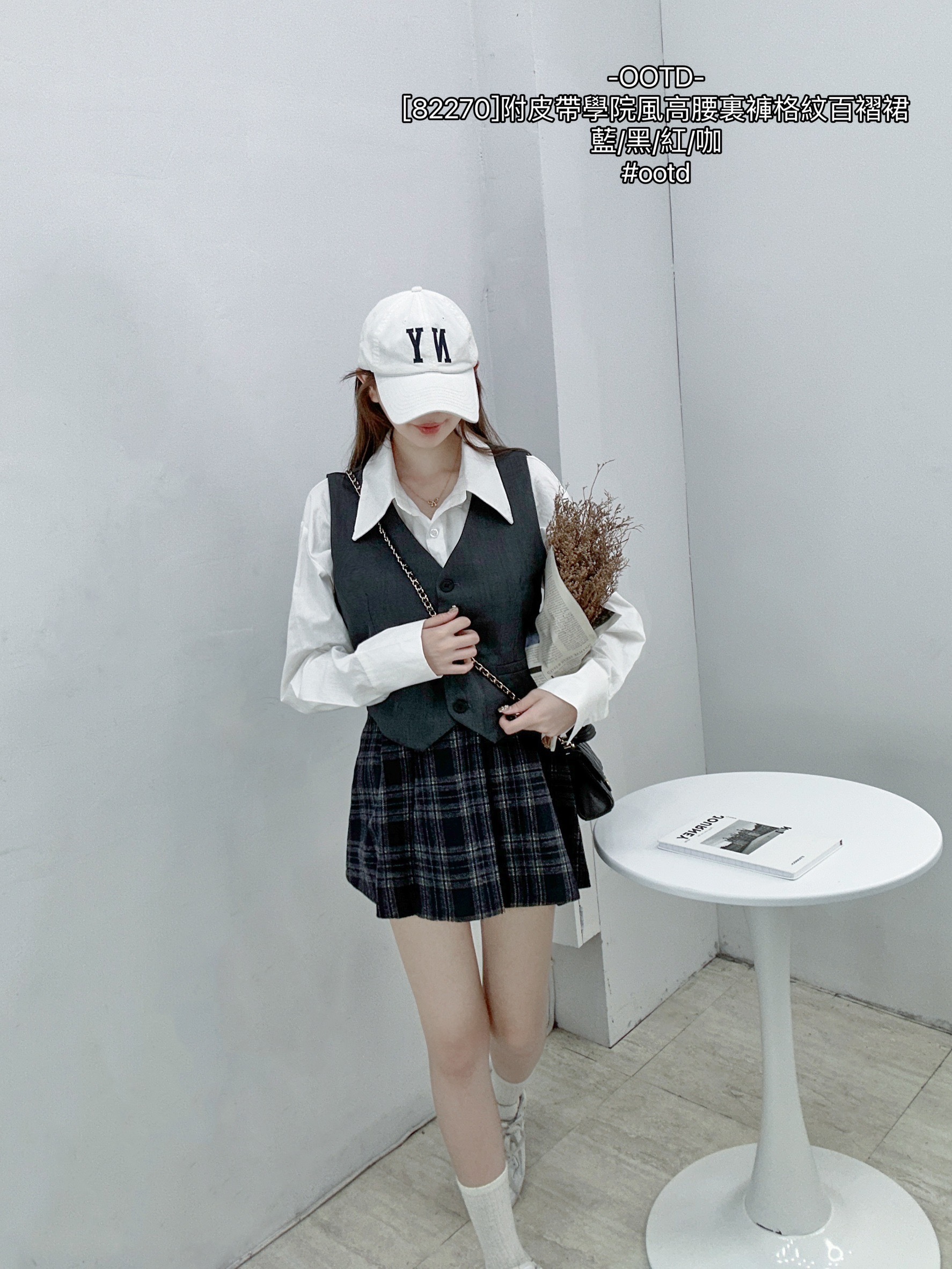 [82270]附皮帶學院風高腰裏褲格紋百褶裙 (7)