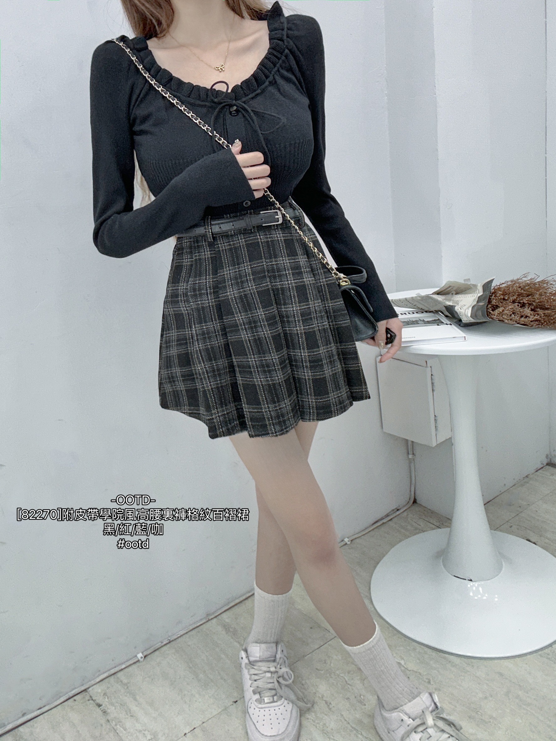 [82270]附皮帶學院風高腰裏褲格紋百褶裙 (3)