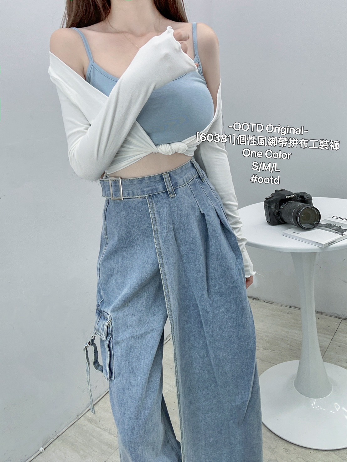 [60381]個性風綁帶拼布工裝褲 (2)