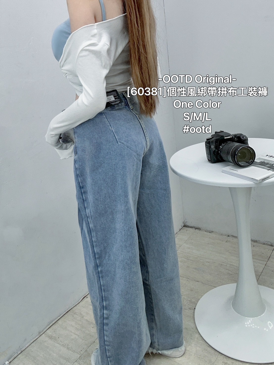 [60381]個性風綁帶拼布工裝褲 (4)