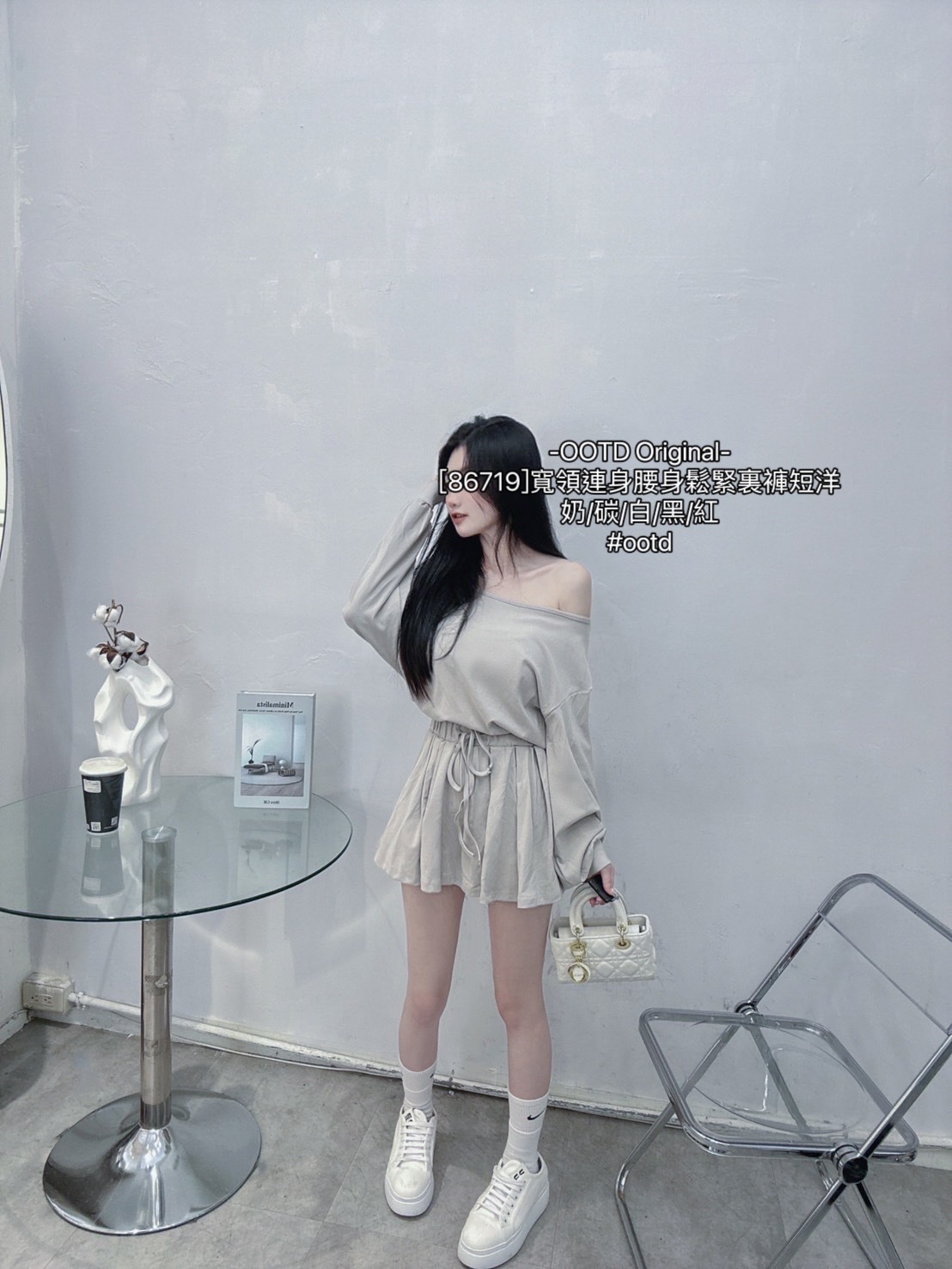 [86719]寬領連身腰身鬆緊裏褲短洋 (3)