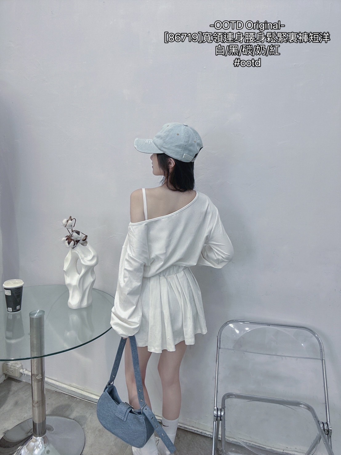 [86719]寬領連身腰身鬆緊裏褲短洋 (2)