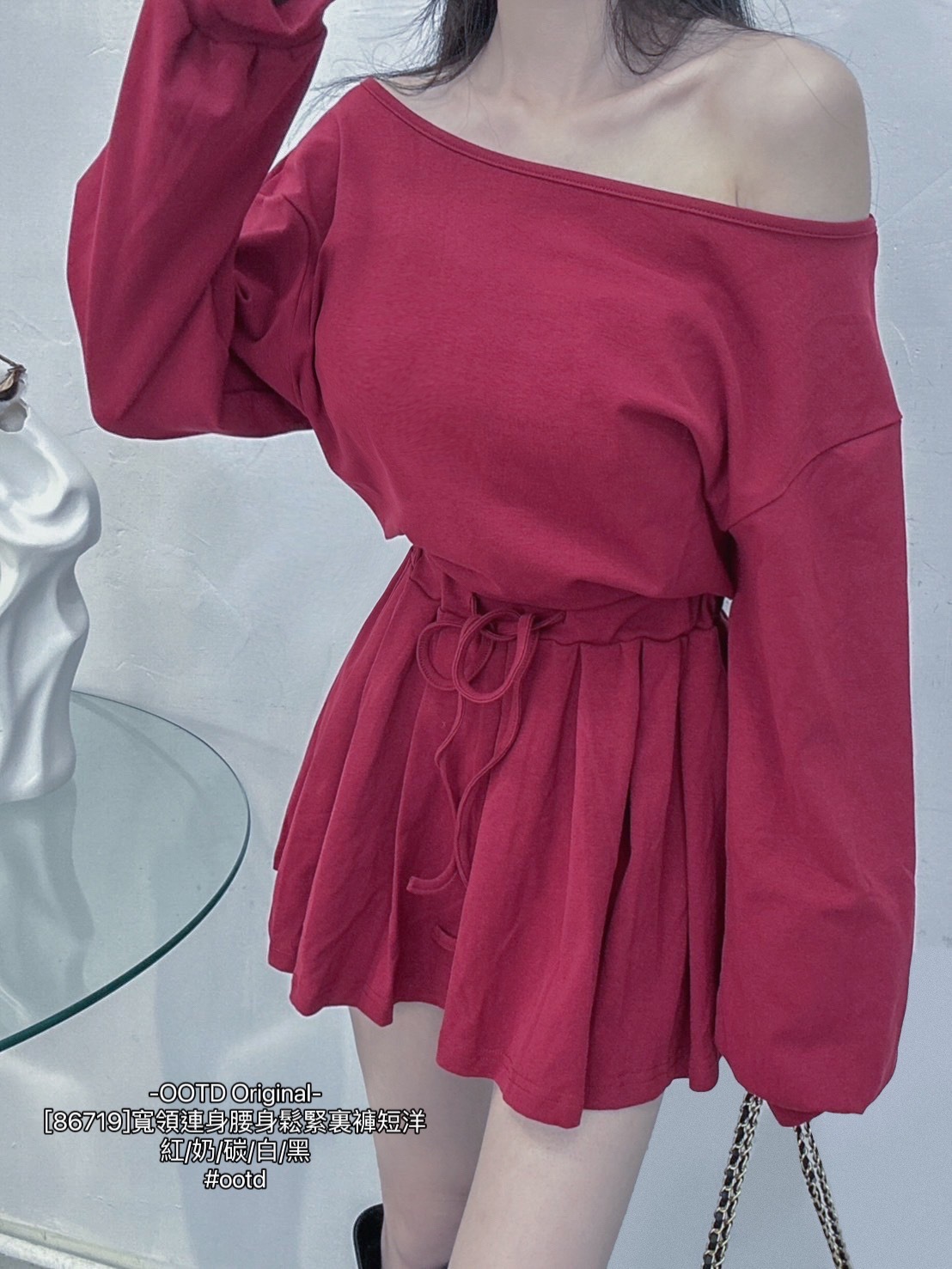 [86719]寬領連身腰身鬆緊裏褲短洋 (5)