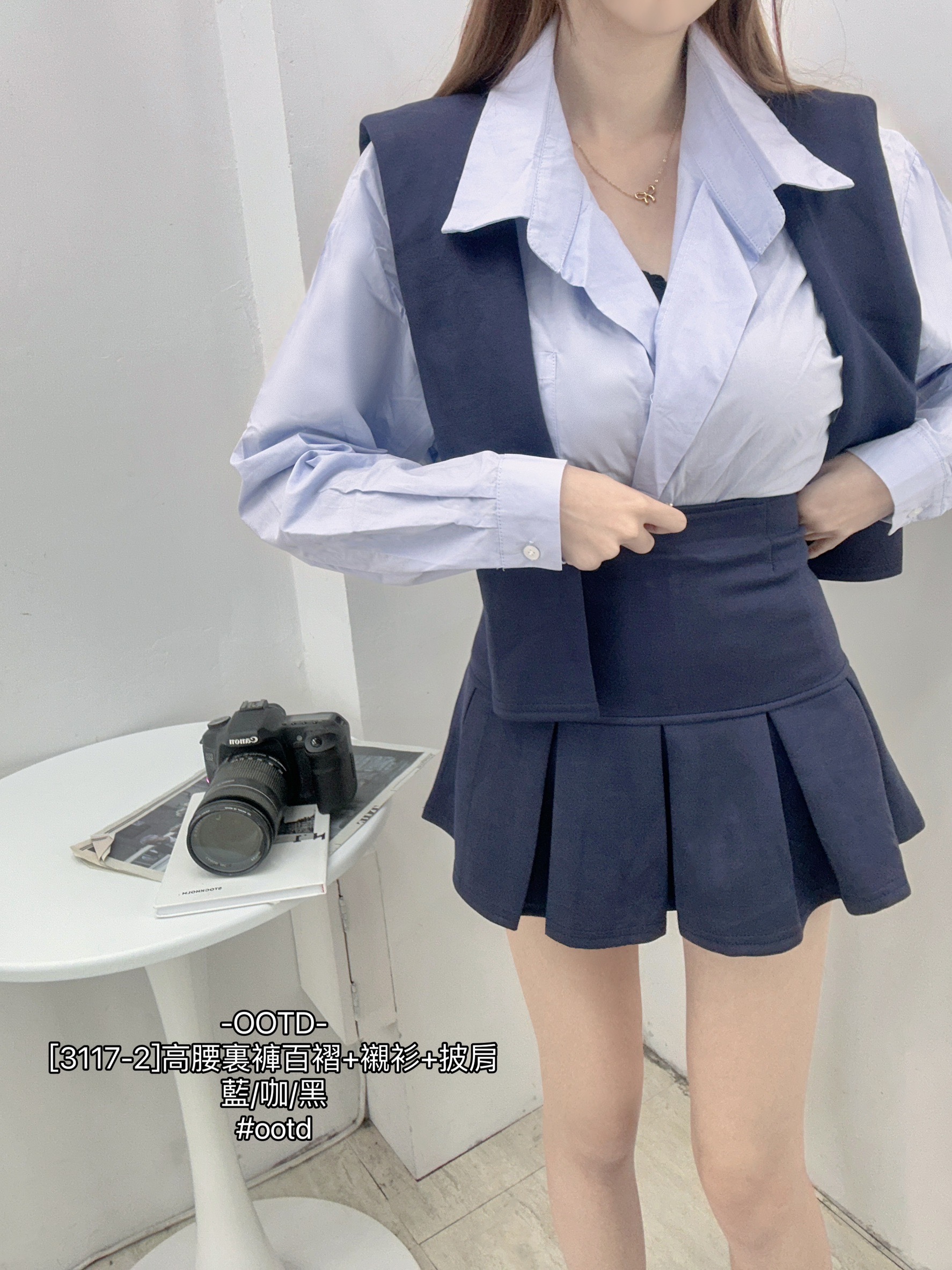 [3117-2]高腰裏褲百褶+襯衫+披肩 (4)