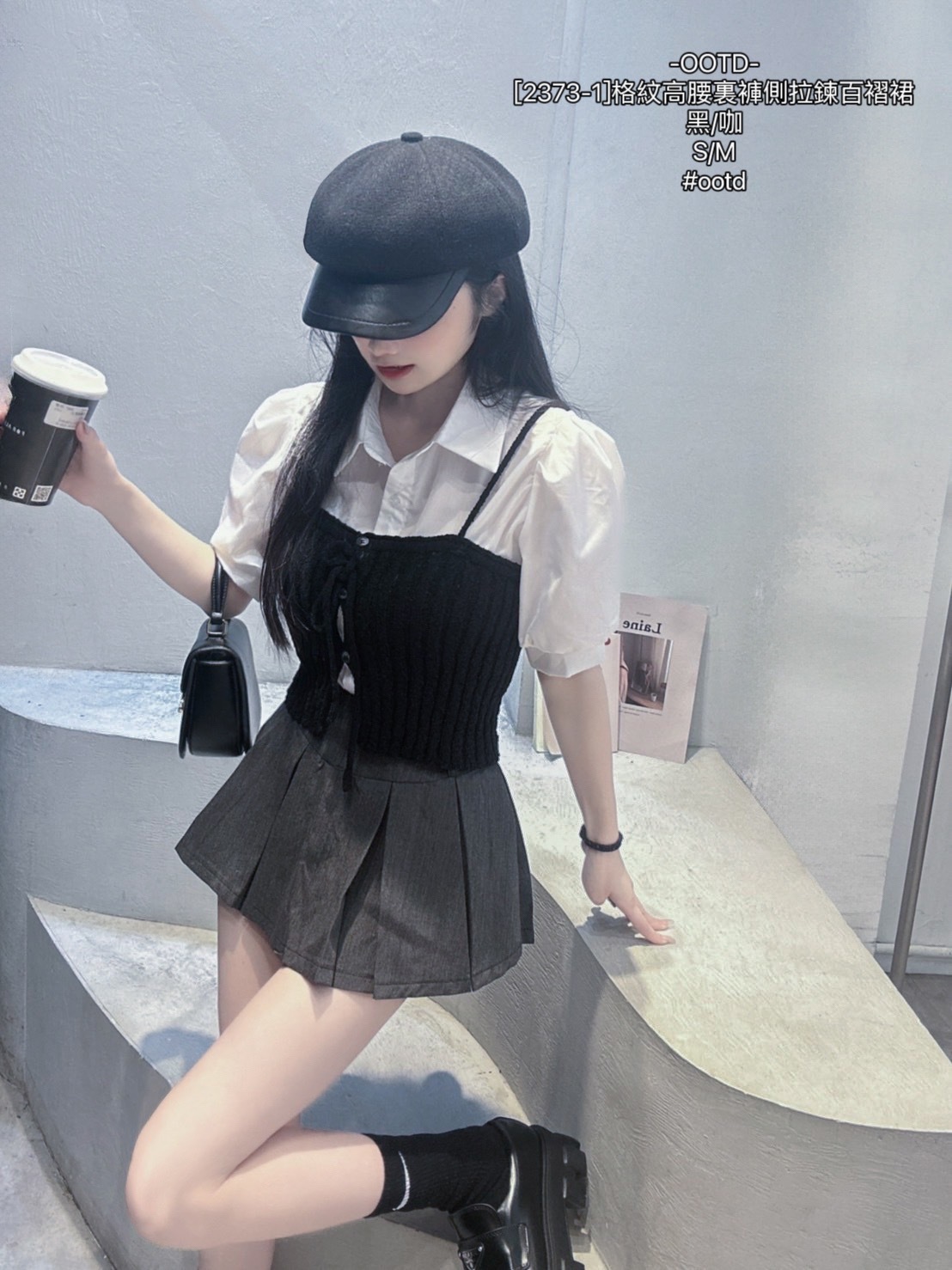 [2373-1]格紋高腰裏褲側拉鍊百褶裙 (8)