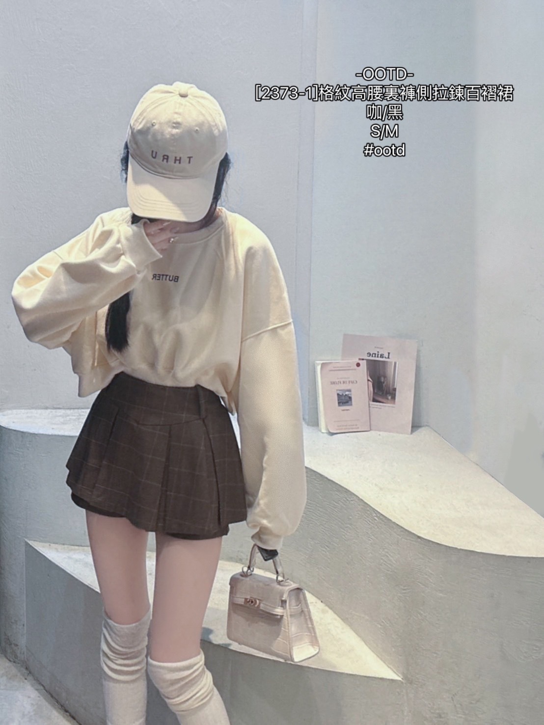 [2373-1]格紋高腰裏褲側拉鍊百褶裙 (4)