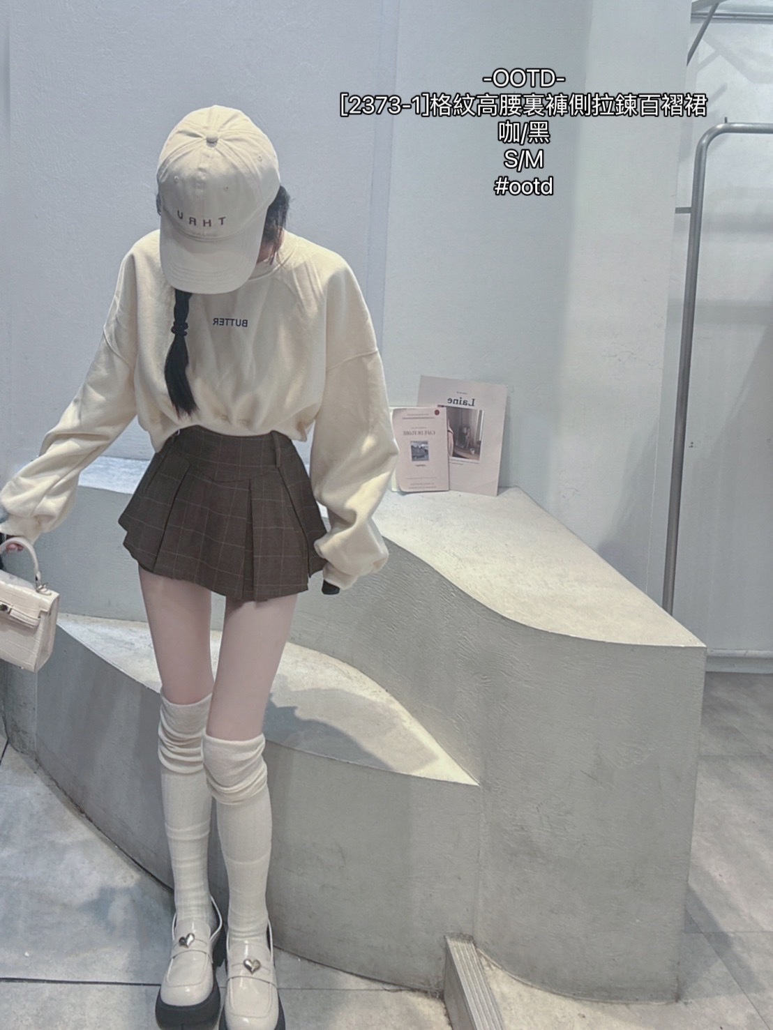 [2373-1]格紋高腰裏褲側拉鍊百褶裙 (2)