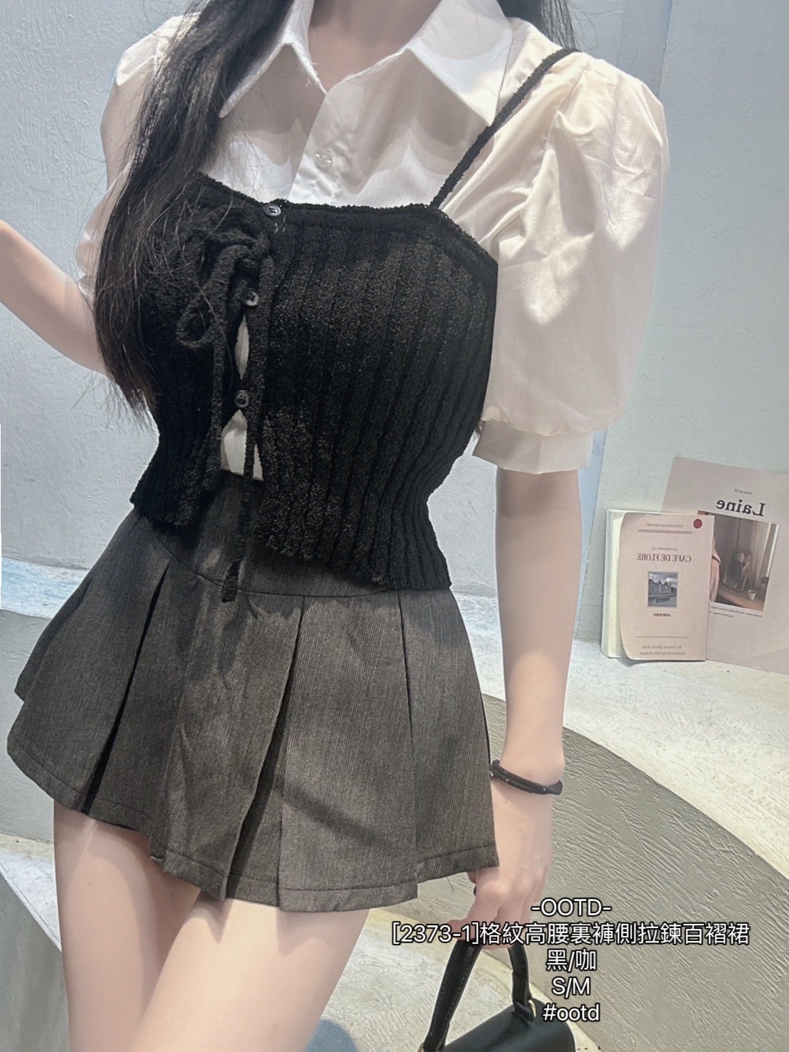 [2373-1]格紋高腰裏褲側拉鍊百褶裙 (5)
