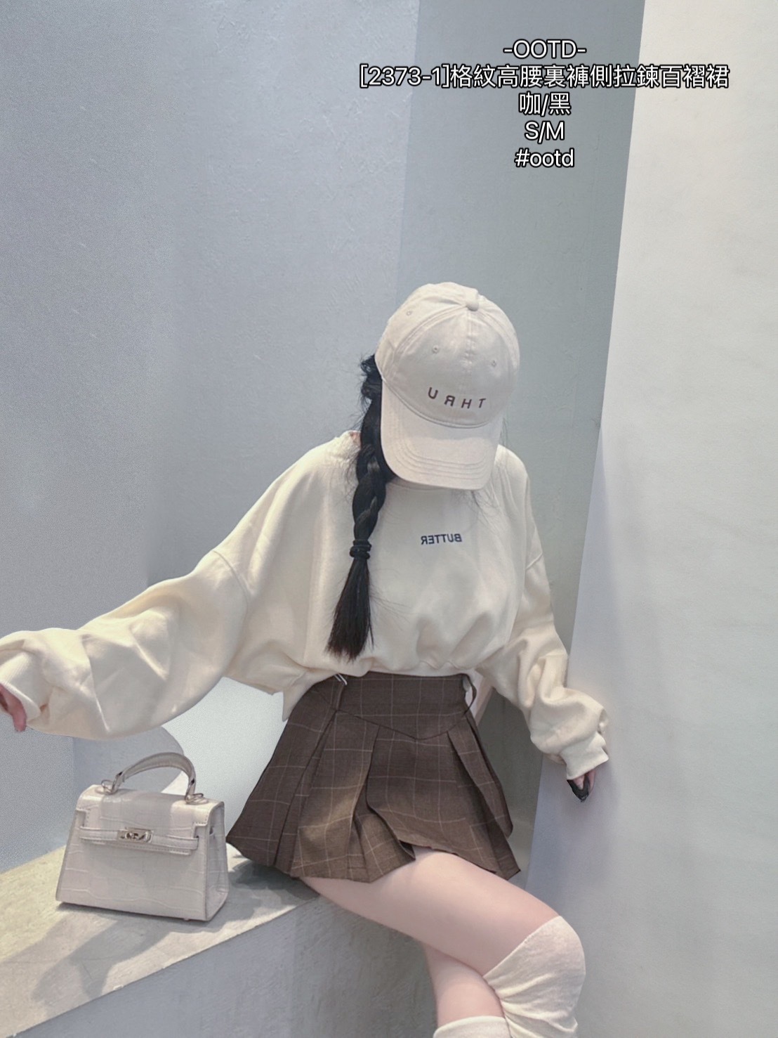 [2373-1]格紋高腰裏褲側拉鍊百褶裙 (3)