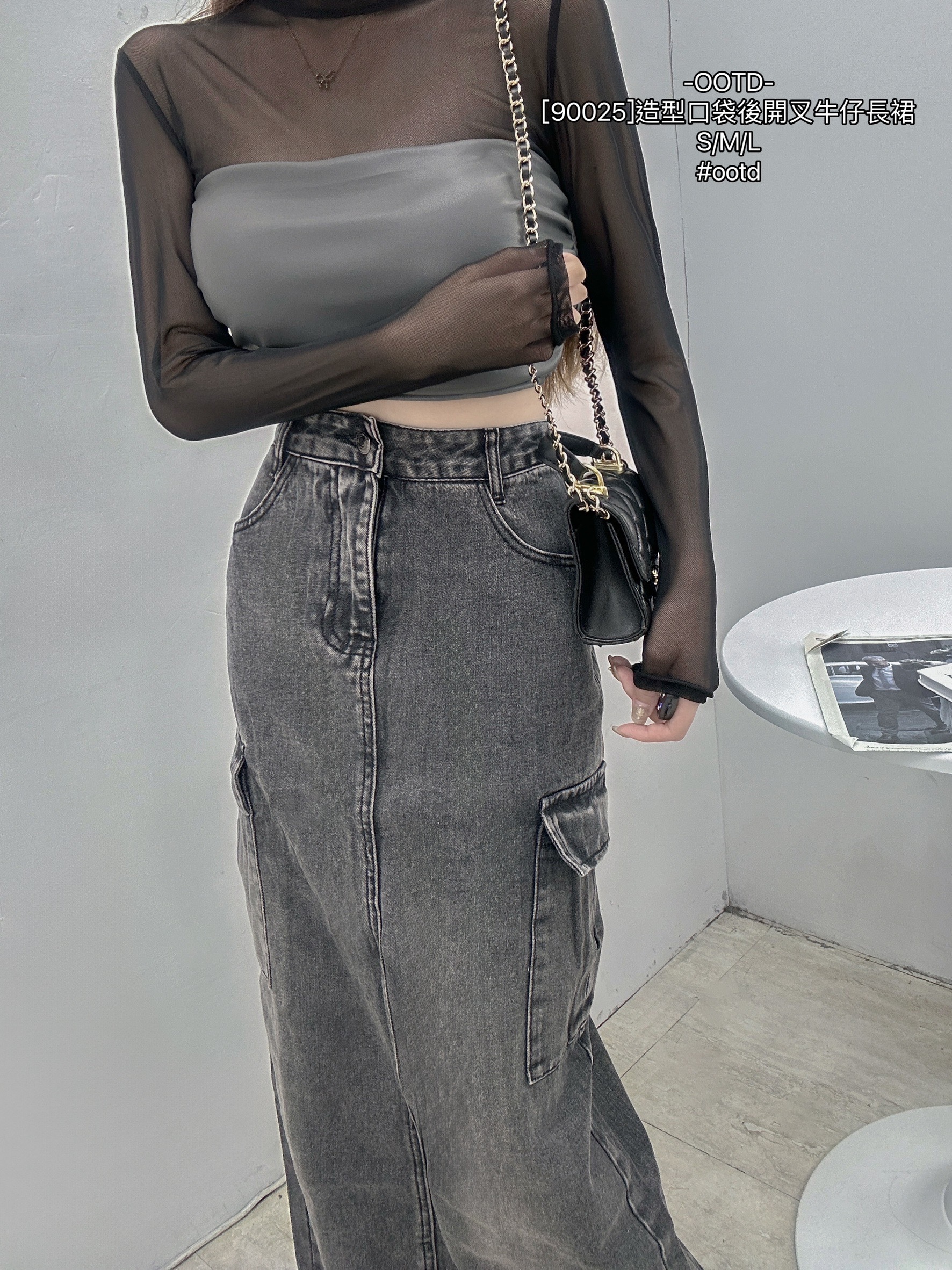 [90025]造型口袋後開叉牛仔長裙 (2)