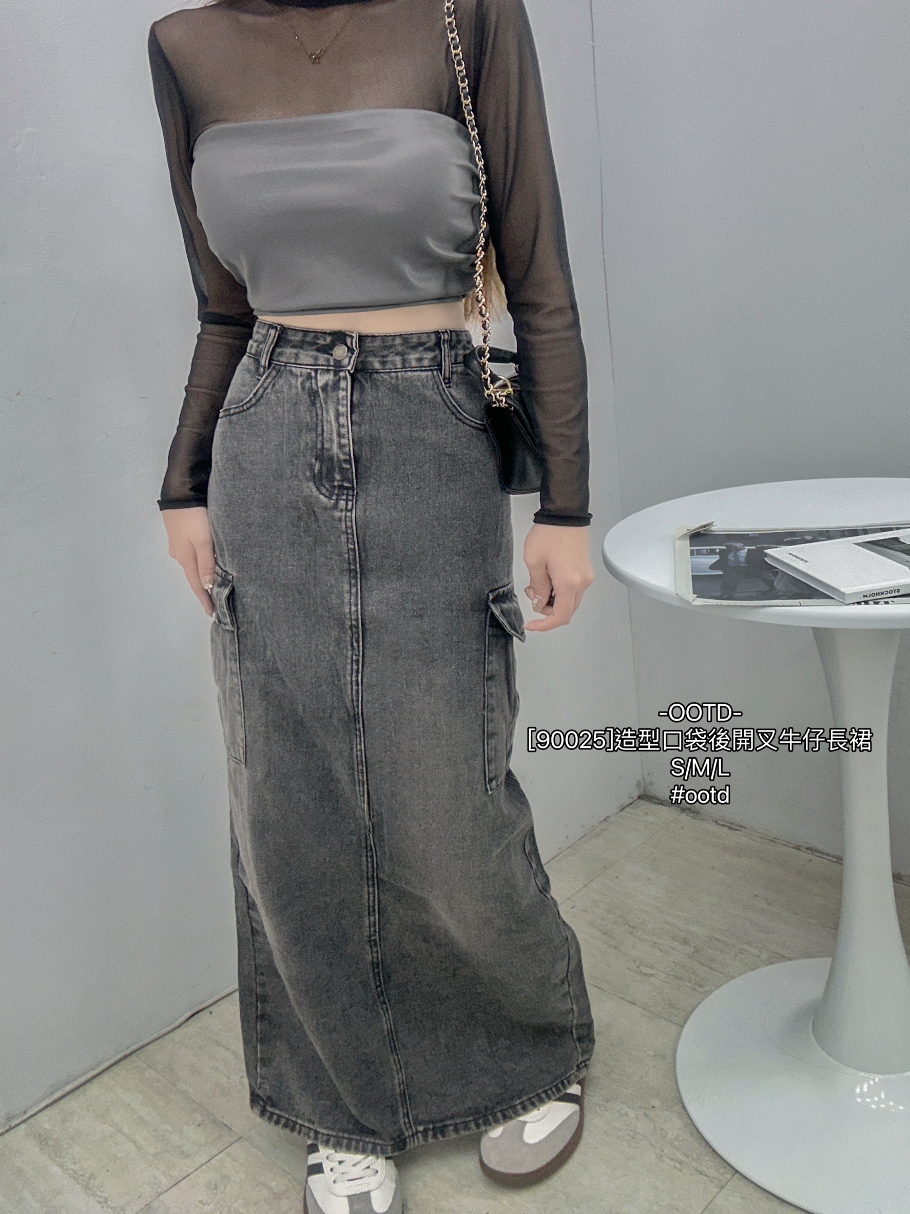 [90025]造型口袋後開叉牛仔長裙 (3)