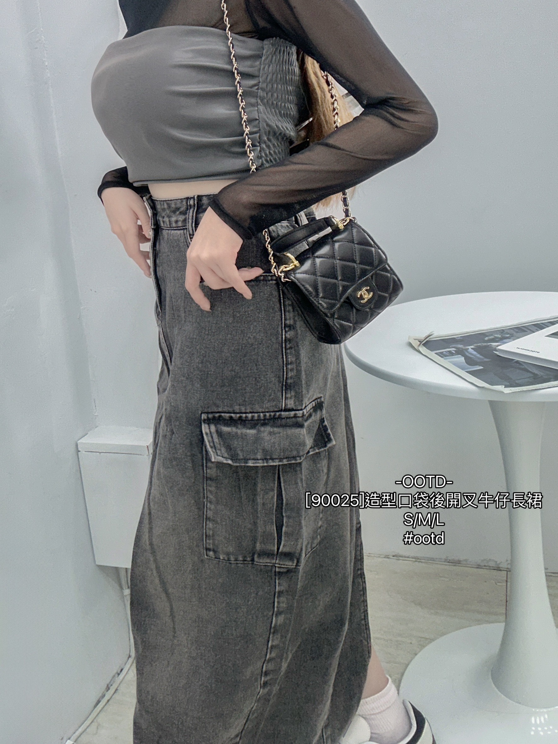 [90025]造型口袋後開叉牛仔長裙