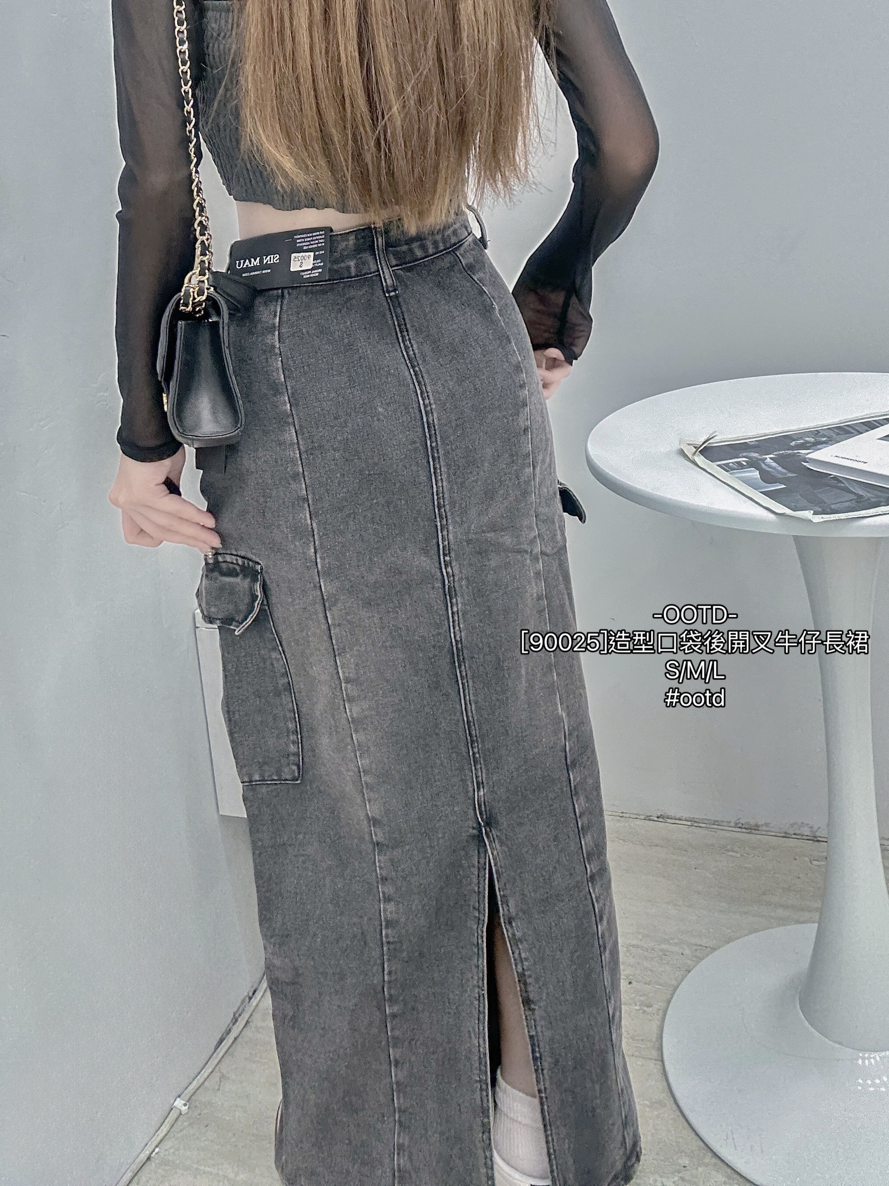 [90025]造型口袋後開叉牛仔長裙 (4)