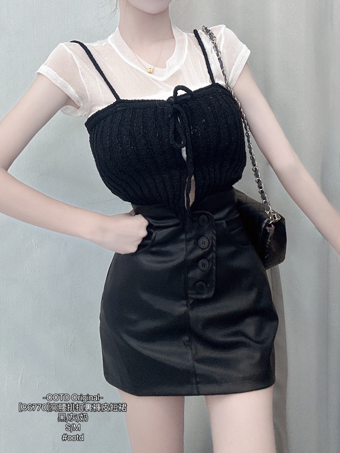 [86770]高腰排扣裏褲皮短裙 (8)