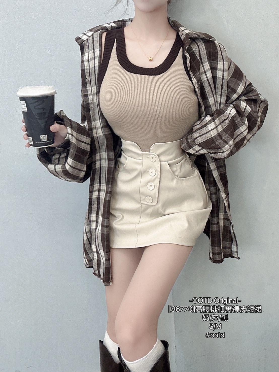 [86770]高腰排扣裏褲皮短裙 (3)