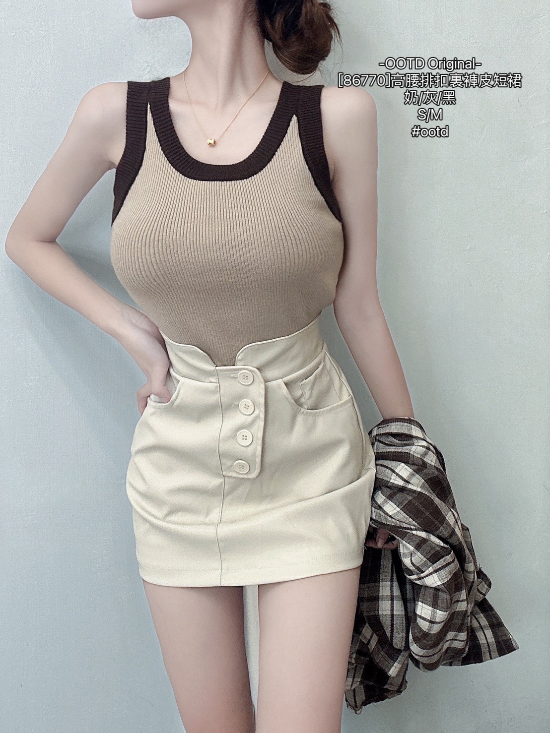 [86770]高腰排扣裏褲皮短裙 (2)