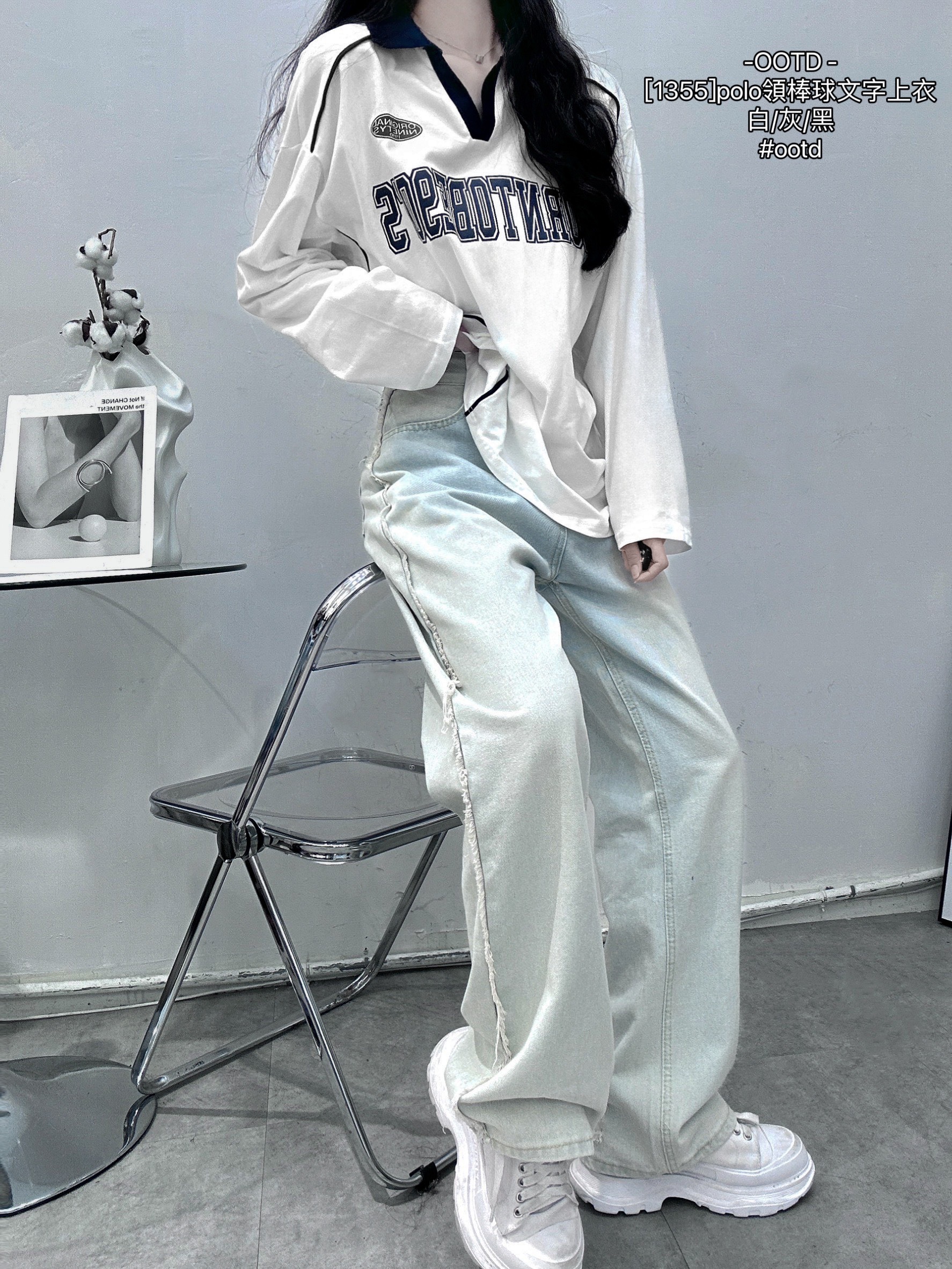 [1355]polo領棒球文字上衣 (2)