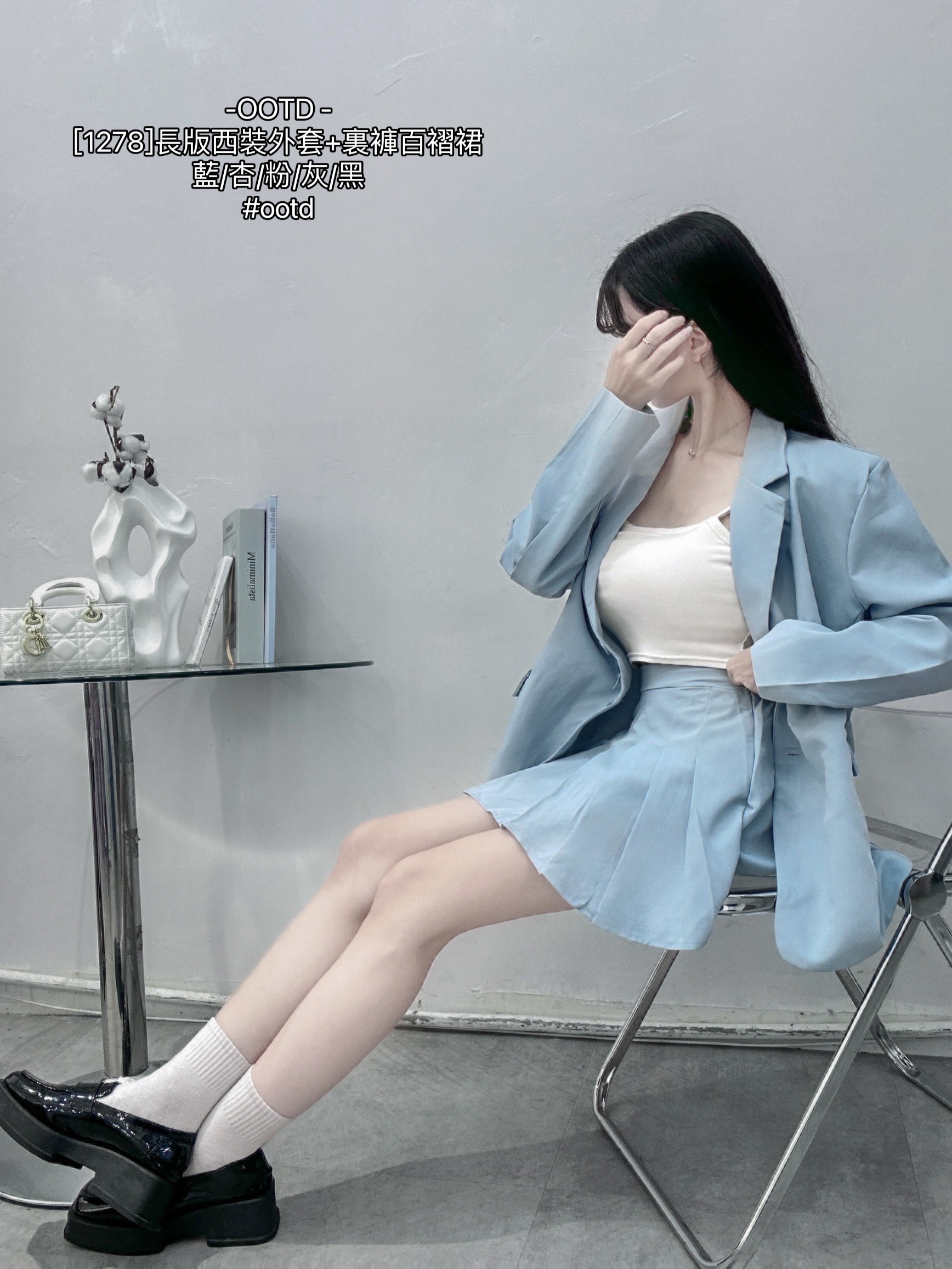 [1278]長版西裝外套+裏褲百褶裙 (6)