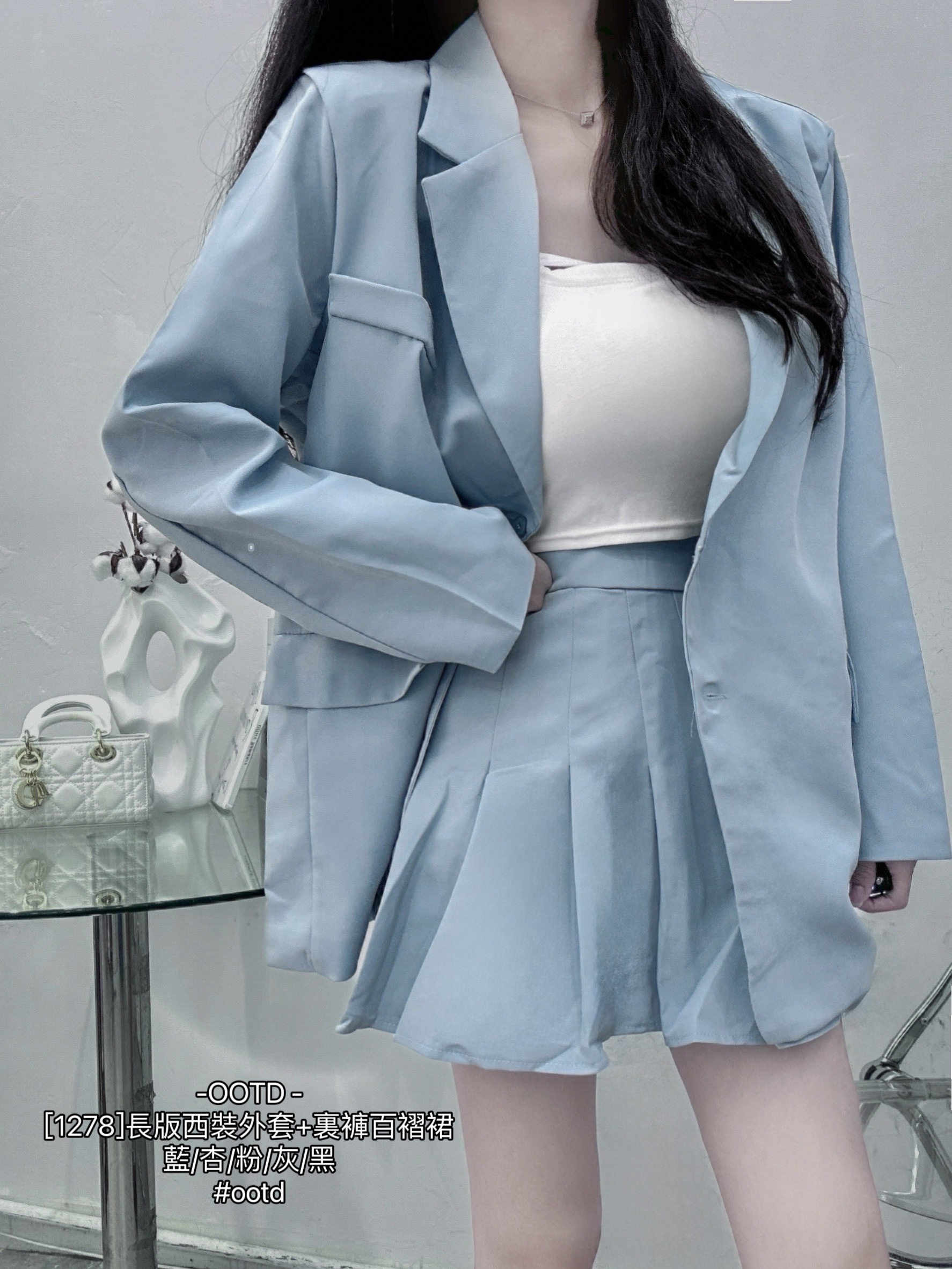 [1278]長版西裝外套+裏褲百褶裙 (5)