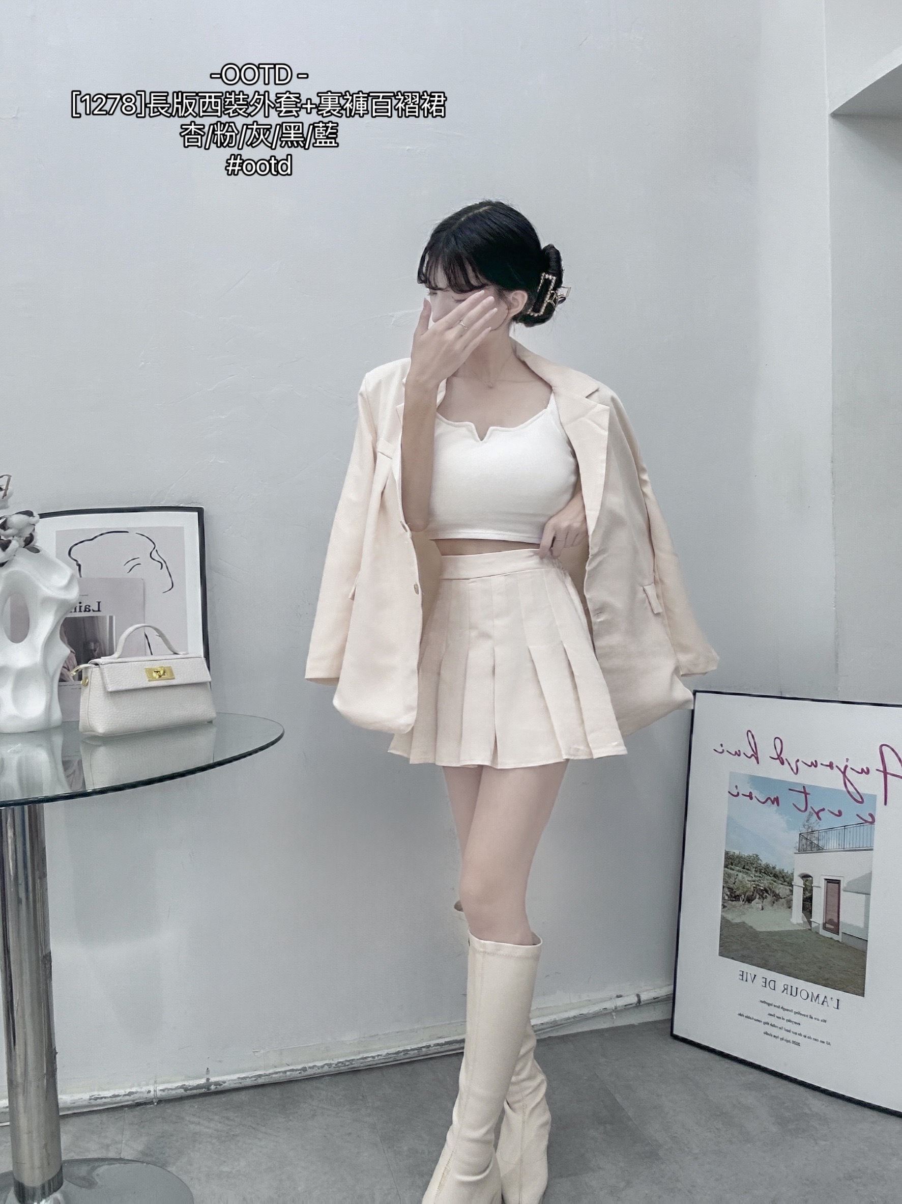 [1278]長版西裝外套+裏褲百褶裙 (2)