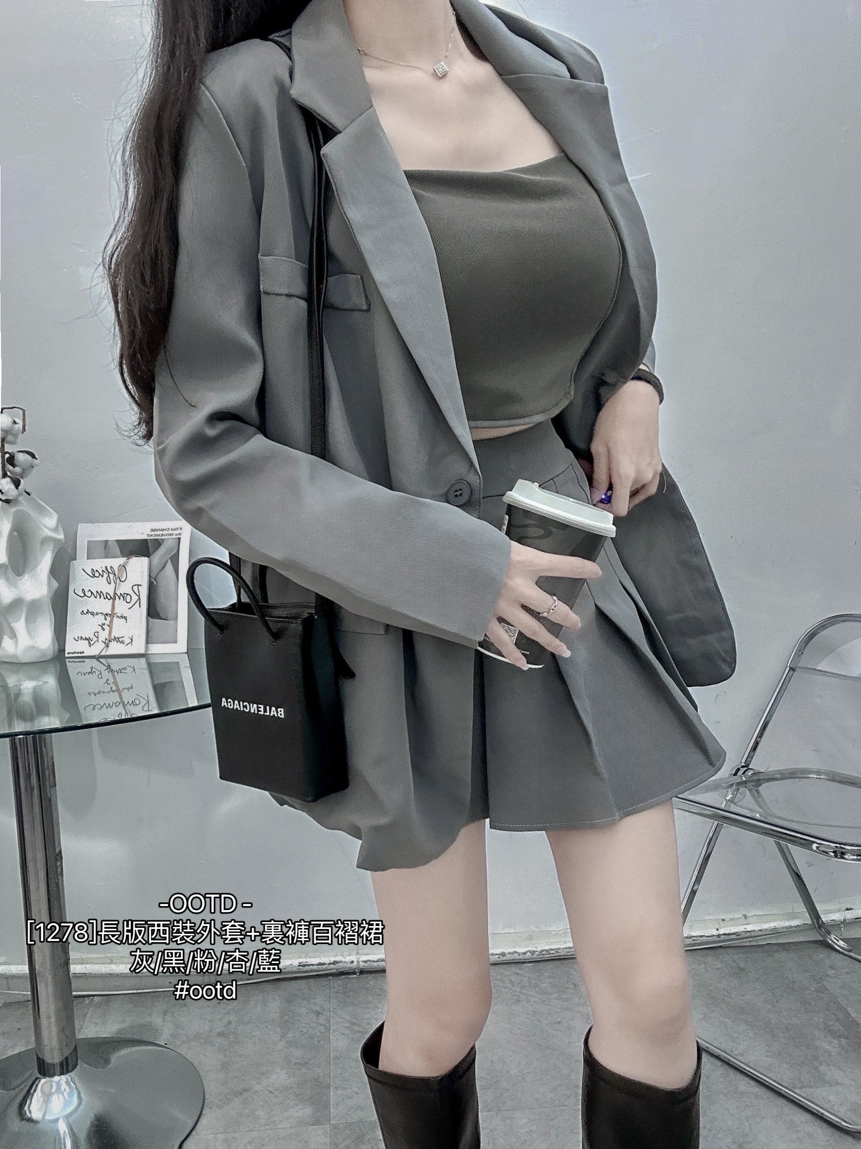 [1278]長版西裝外套+裏褲百褶裙 (7)