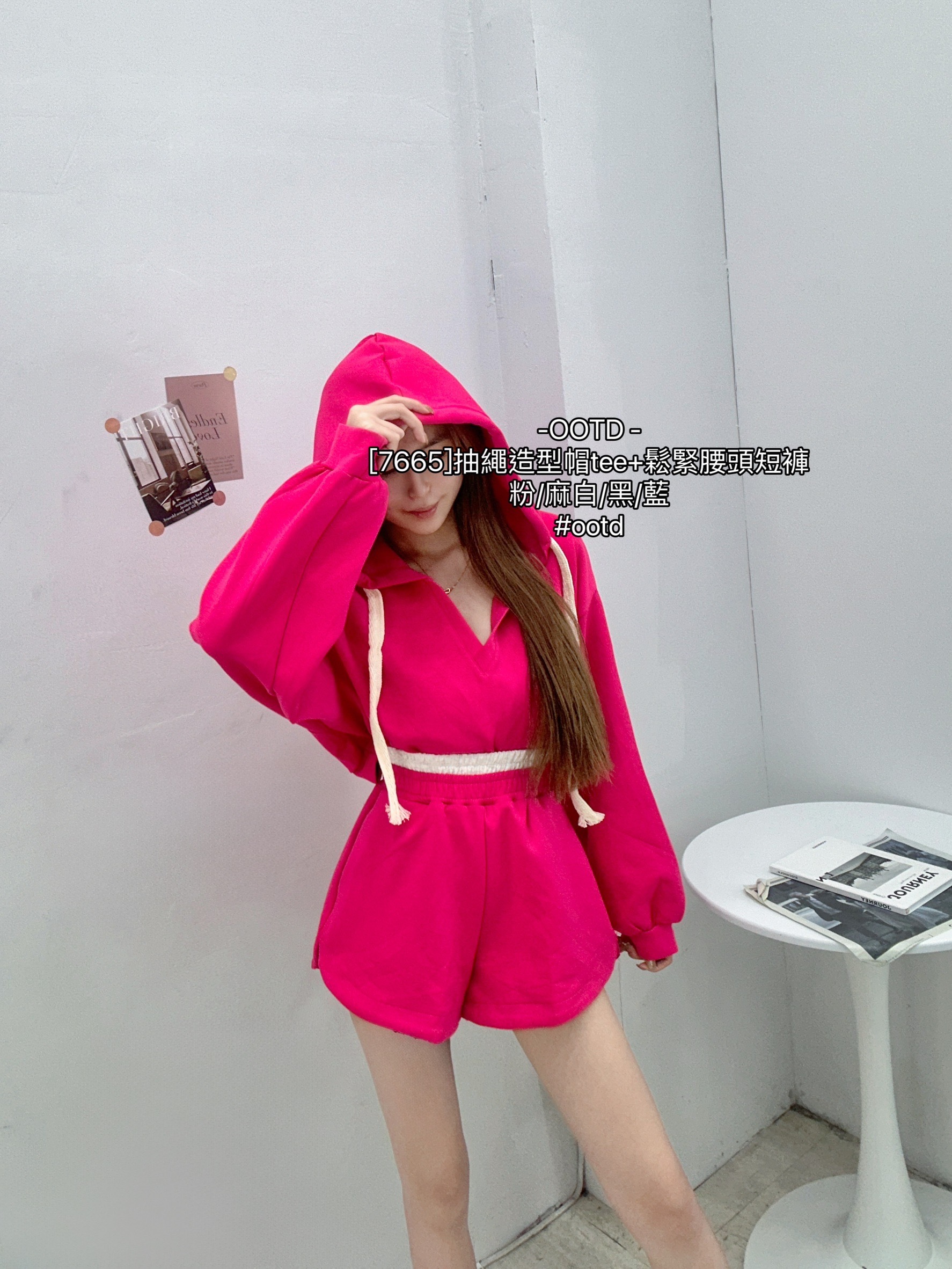 [7665]抽繩造型帽tee+鬆緊腰頭短褲 (3)